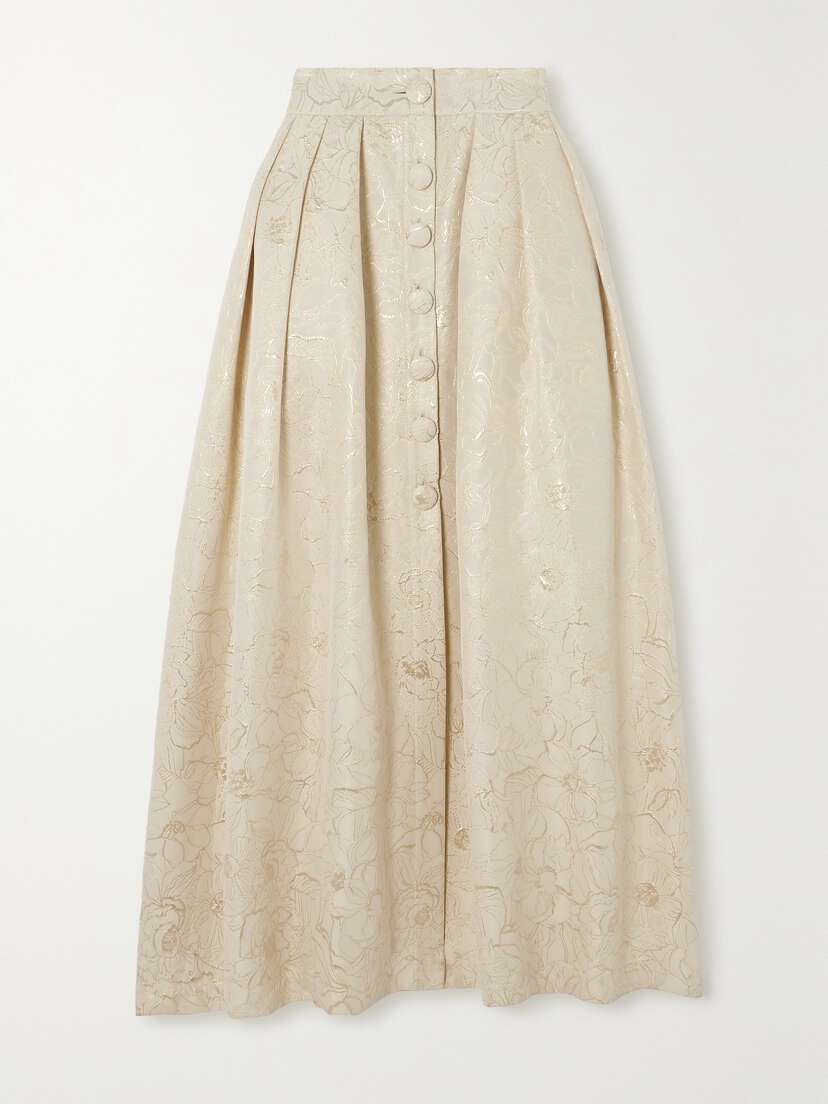 DESTREE Irving Pleated Metallic Floral Brocade Maxi Skirt