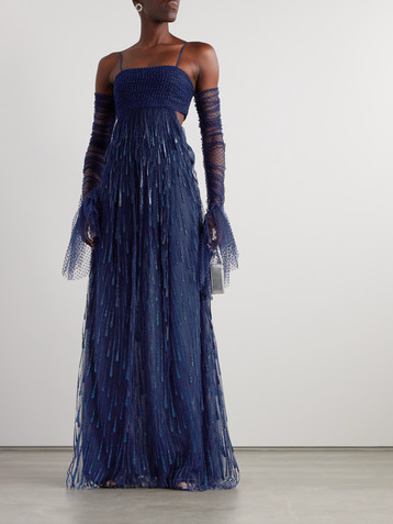 Sandra Mansour Samhain cutout Swiss-dot and glittered tulle gown and gloves set