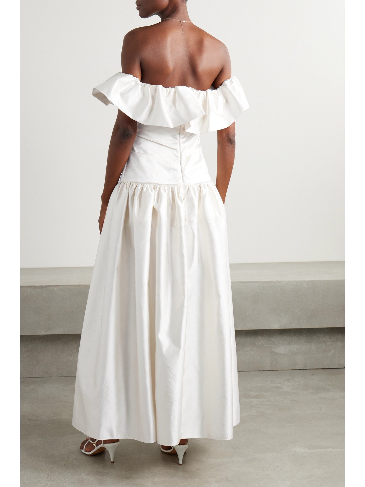 Sandra Mansour Stillness Off-the-shoulder Gathered Ruched Silk-satin Gown In Ecru