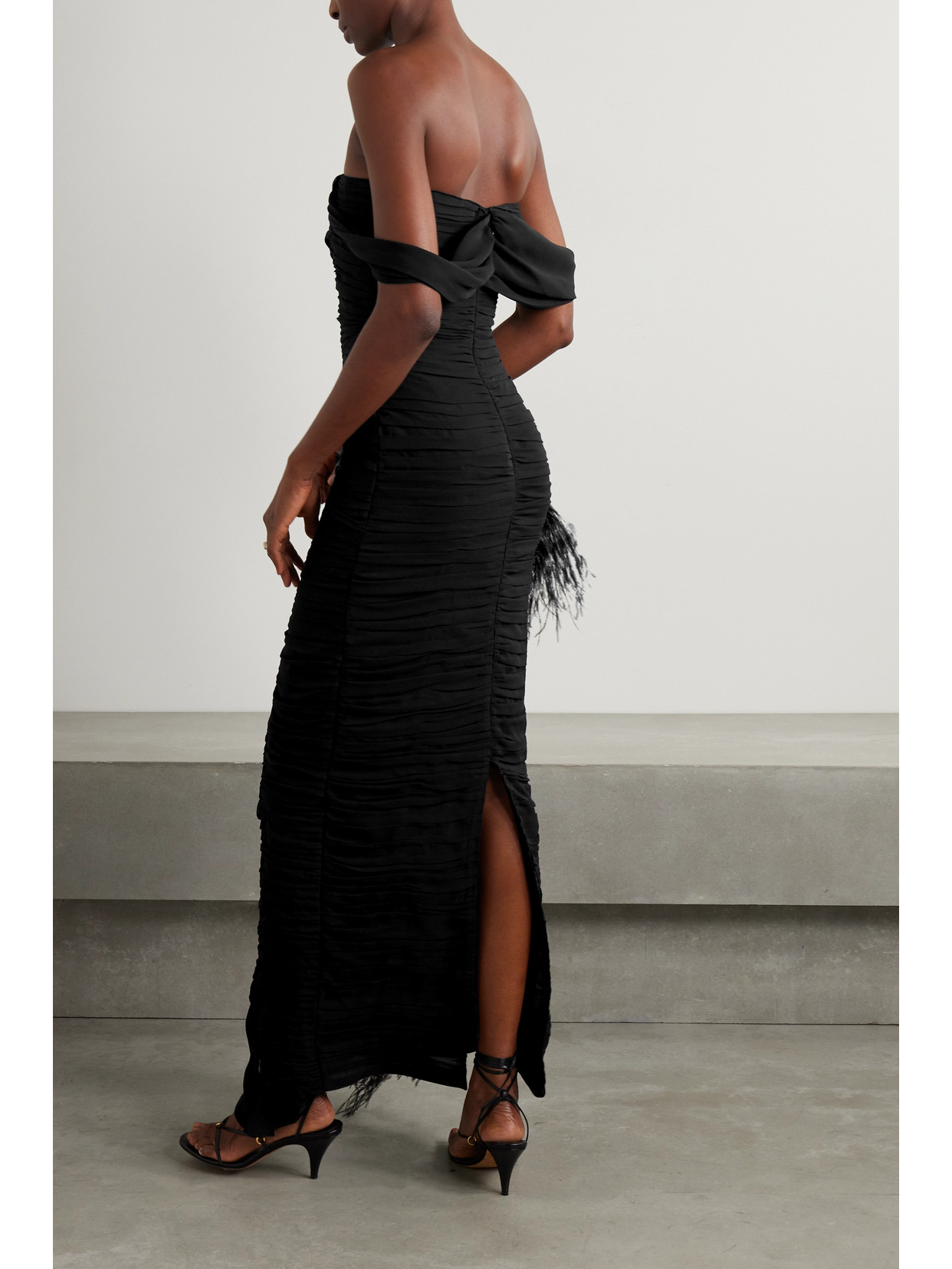 Shop Sandra Mansour Water Body Off-the-shoulder Feather-trimmed Silk-blend Georgette Maxi Dress In Black