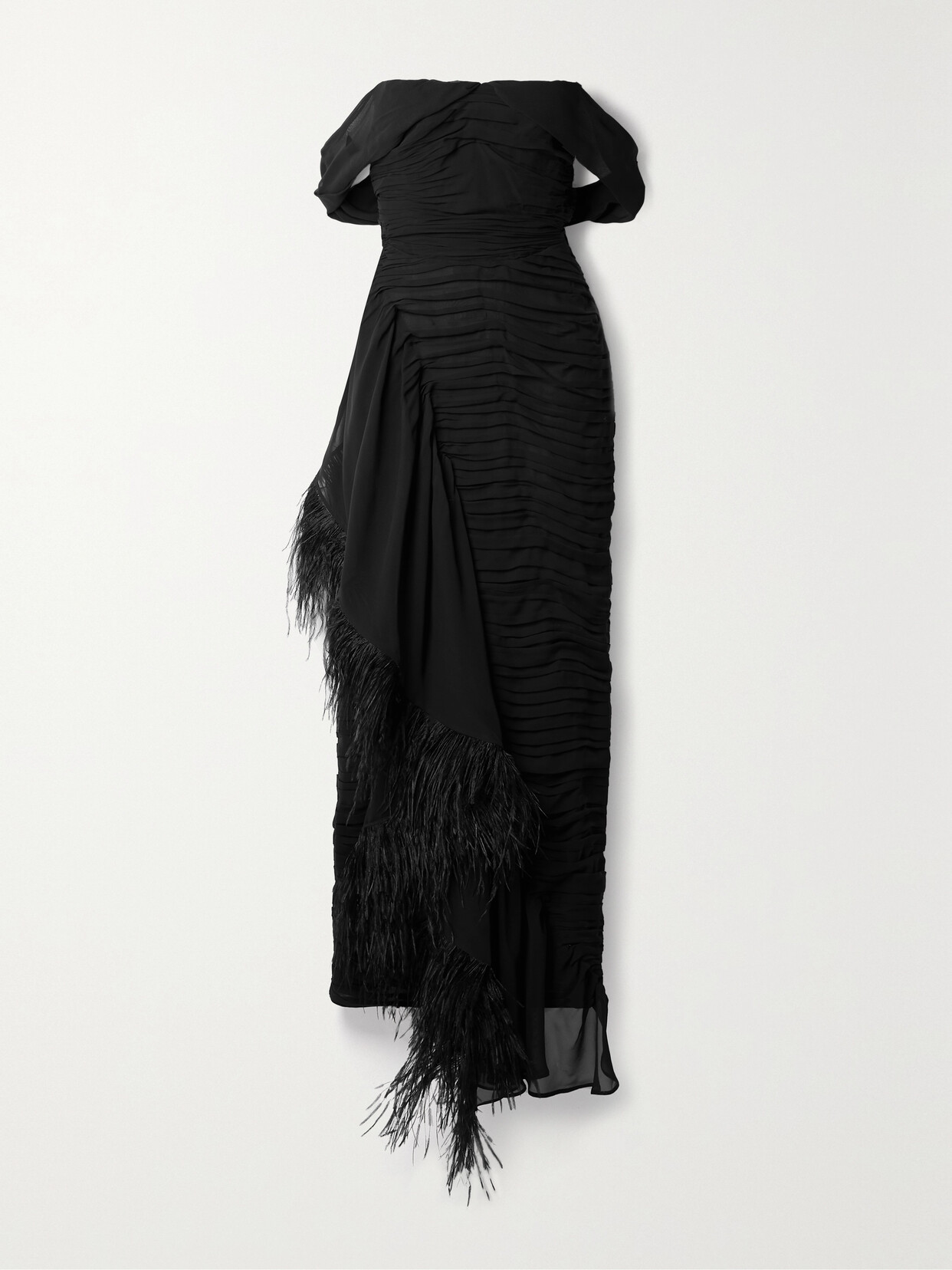 Sandra Mansour Water Body Off-the-shoulder Feather-trimmed Silk-blend Georgette Maxi Dress In Black