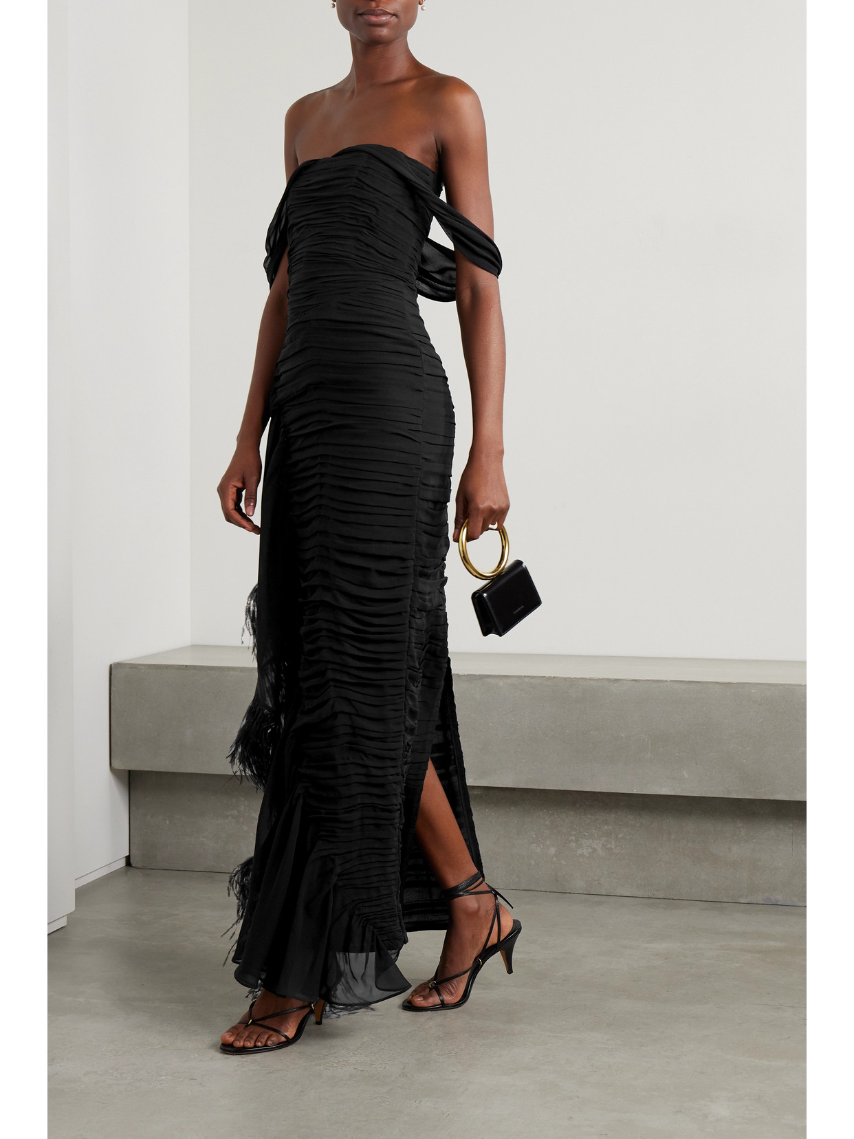 Shop Sandra Mansour Water Body Off-the-shoulder Feather-trimmed Silk-blend Georgette Maxi Dress In Black