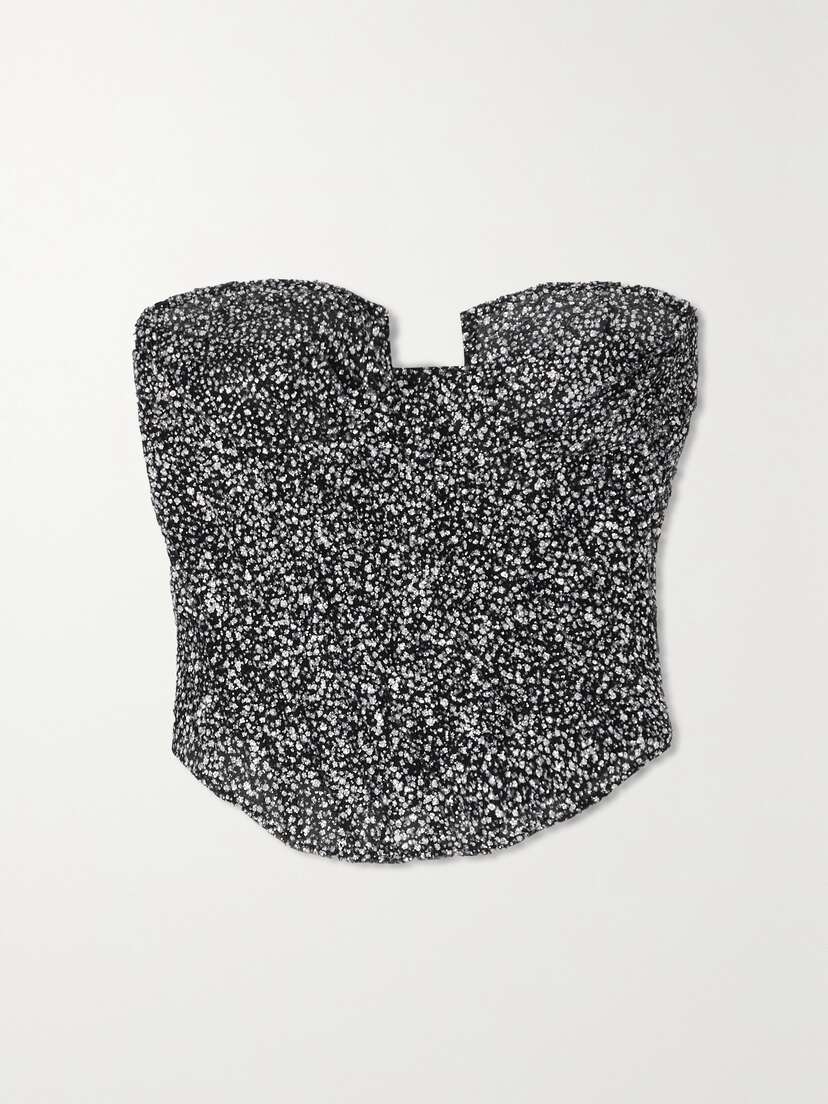 Sandra Mansour Strapless Glittered Tulle Bustier Top