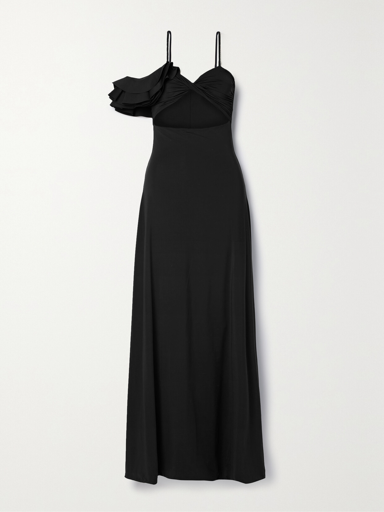 Maygel Coronel + Net Sustain Cavalieri Cutout Ruffled Stretch-jersey Maxi Dress In Black