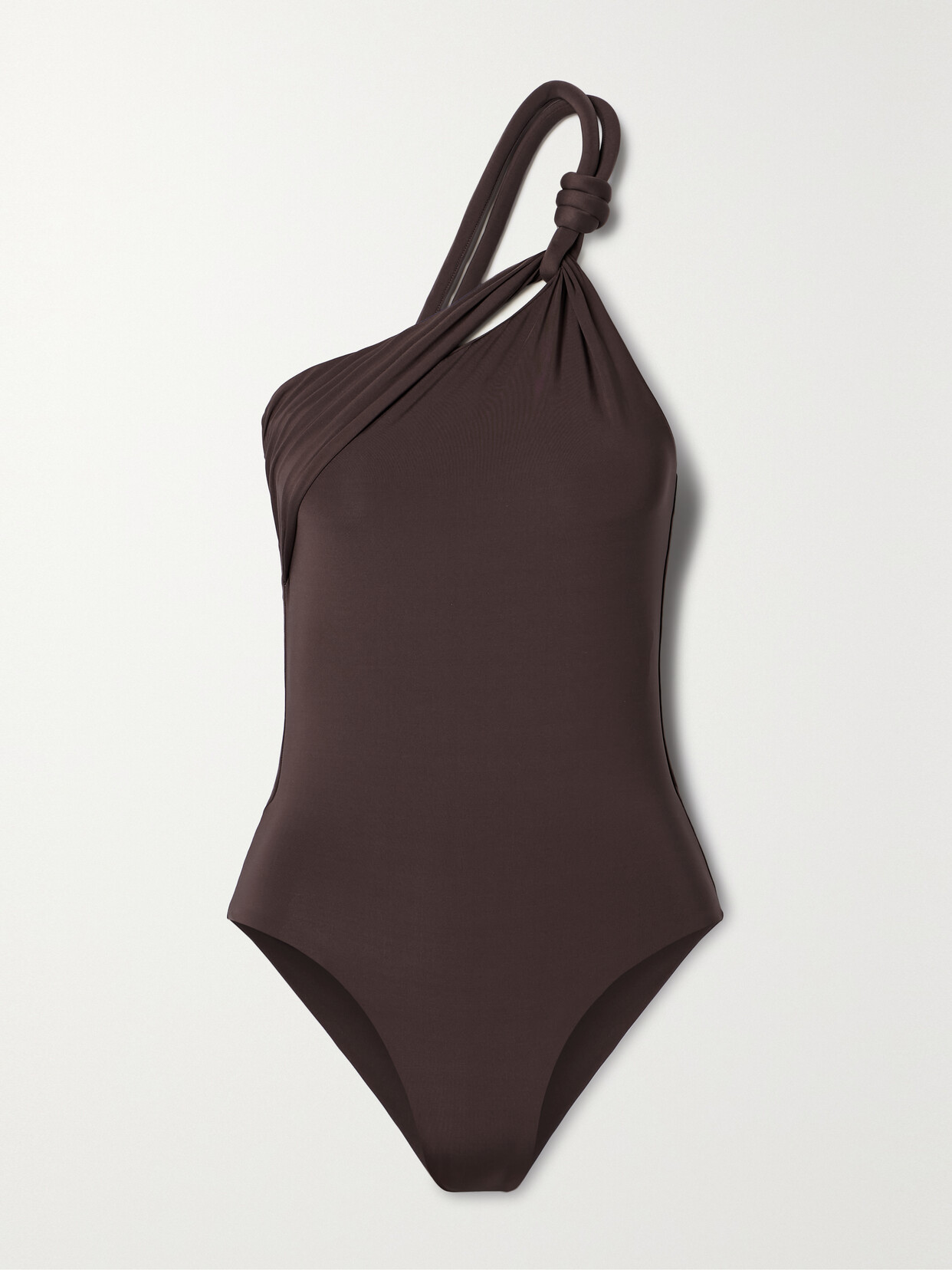 Maygel Coronel + Net Sustain Tajiri One-shoulder Knotted Swimsuit In Brown