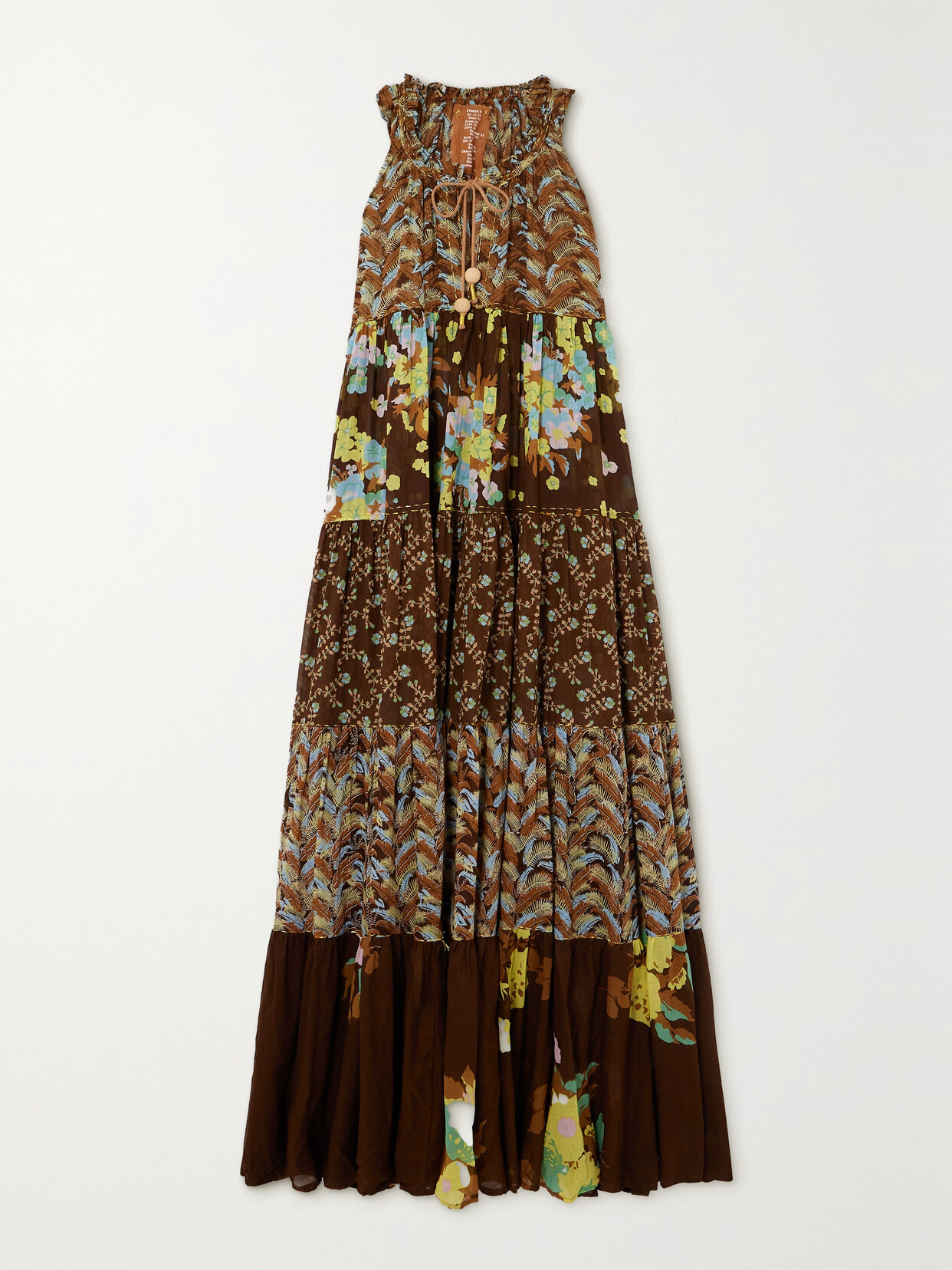 Yvonne S + Net Sustain Tie-detailed Tiered Floral-print Cotton-voile Maxi Dress In Brown