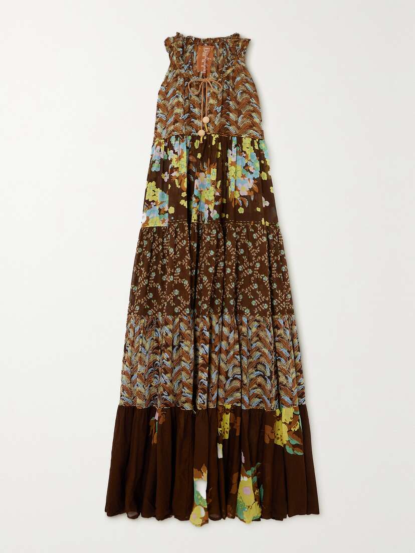 Yvonne S + Net Sustain Tie-detailed Tiered Floral-print Cotton-voile Maxi Dress