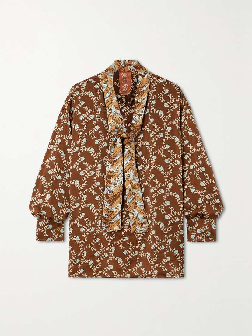 Yvonne S + Net Sustain Pussy-bow Floral-print Silk-satin Blouse