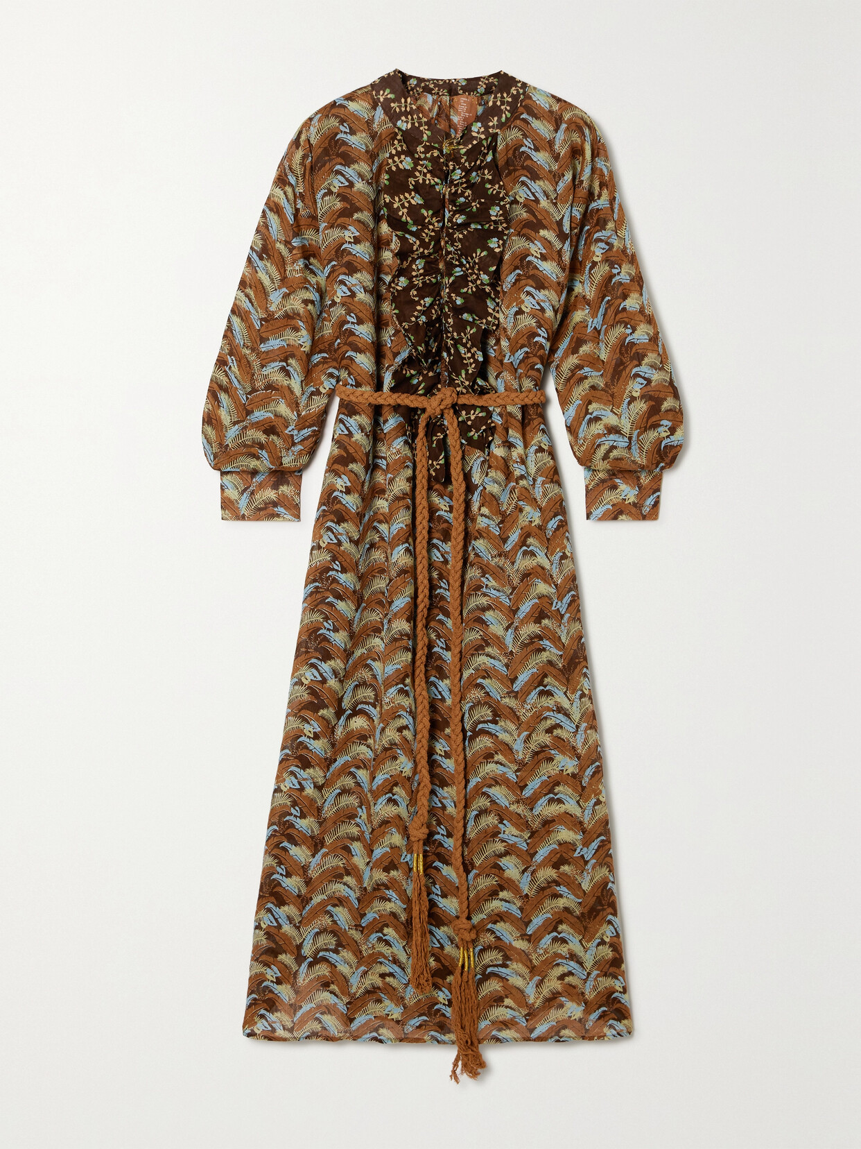 Yvonne S - + Net Sustain Frill Belted Ruffled Printed Linen-gauze Maxi Dress - Brown