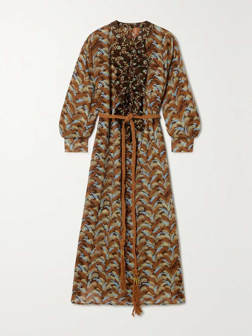 Yvonne S + Net Sustain Frill Belted Ruffled Printed Linen-gauze Maxi Dress