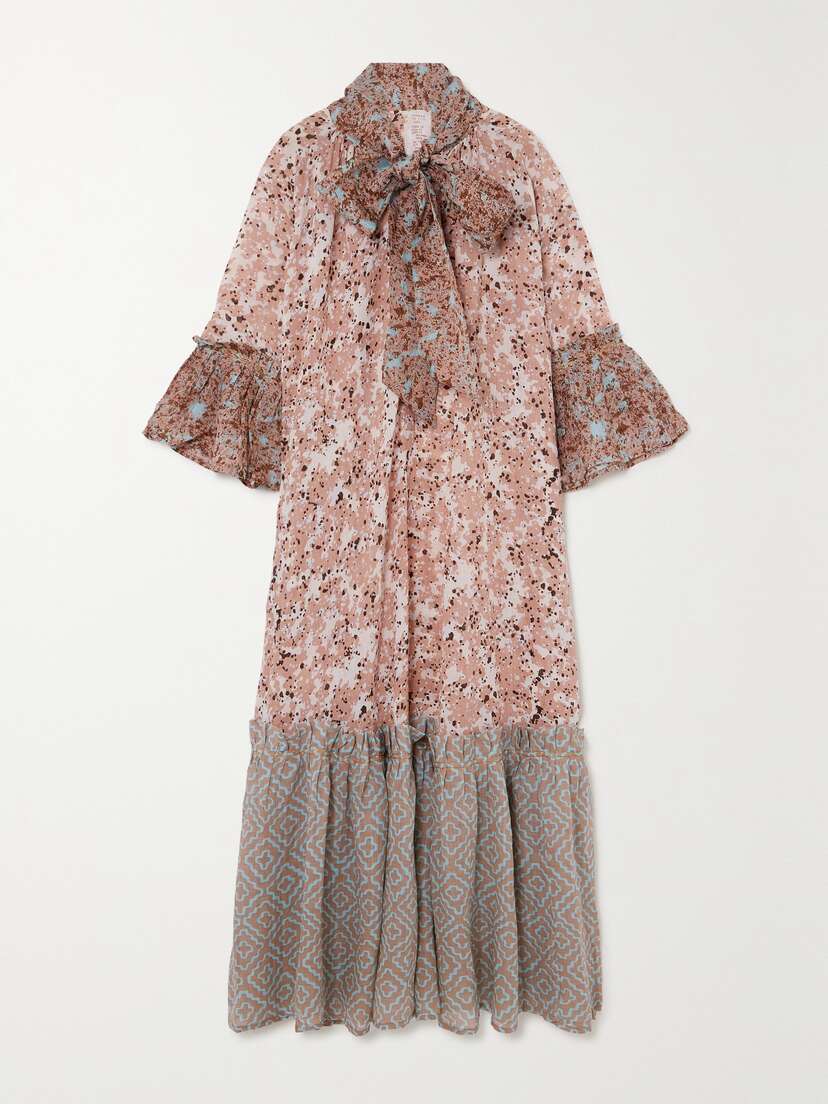 Yvonne S + Net Sustain Angelica Pussy-bow Tiered Printed Cotton-voile Maxi Dress