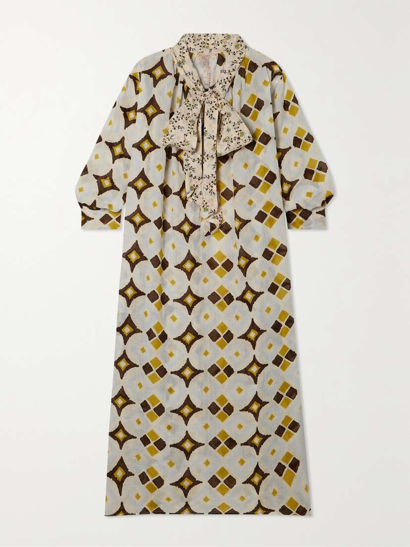 Yvonne S + Net Sustain Bow Printed Linen-gauze Maxi Dress