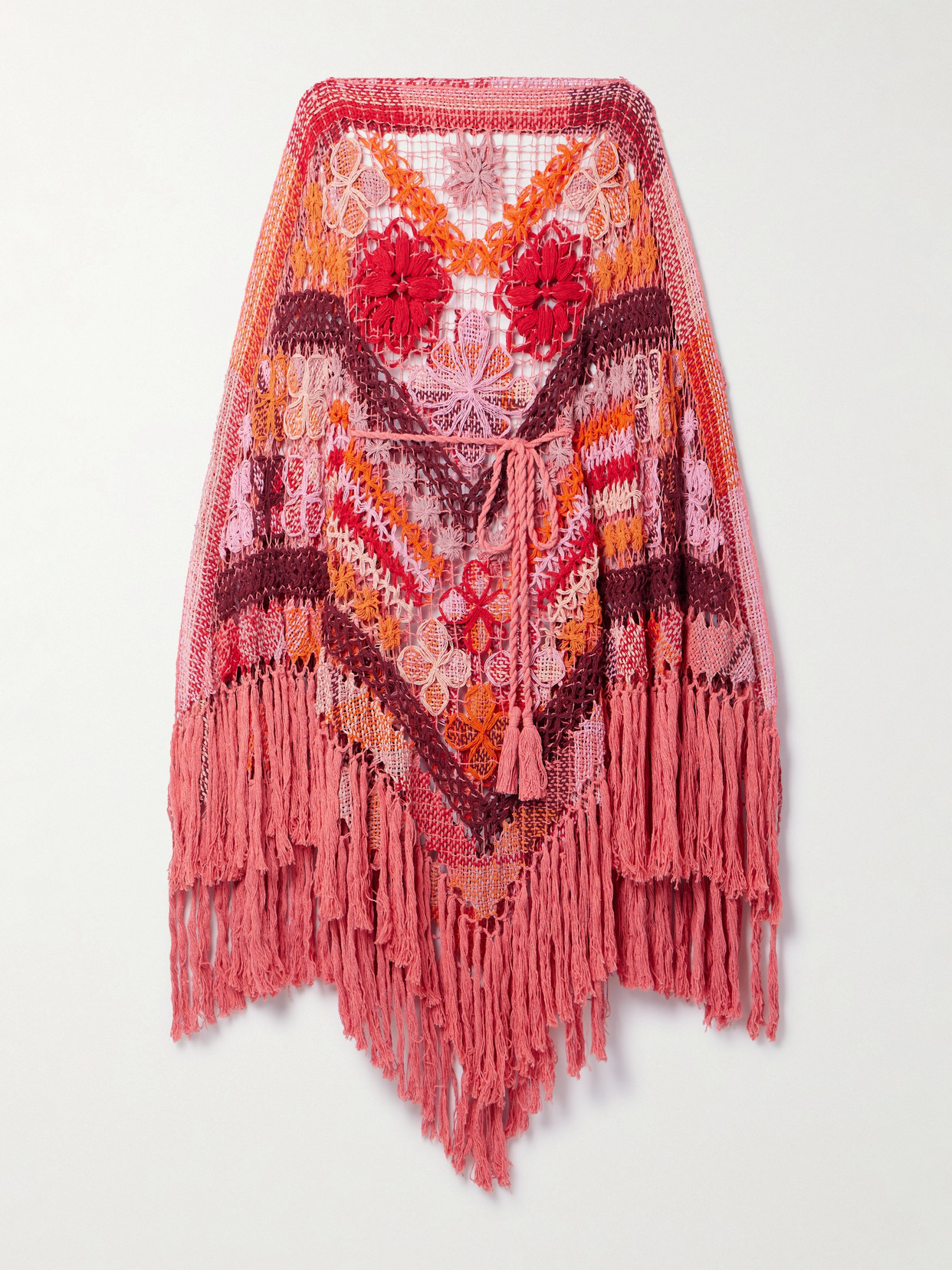 Alix Pinho La Marina Belted Fringed Crocheted Cotton Kaften - Red