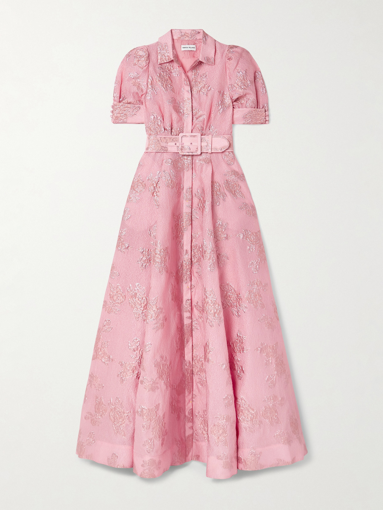 Rebecca Vallance Annette Belted Metallic Cloqué Gown In Pink