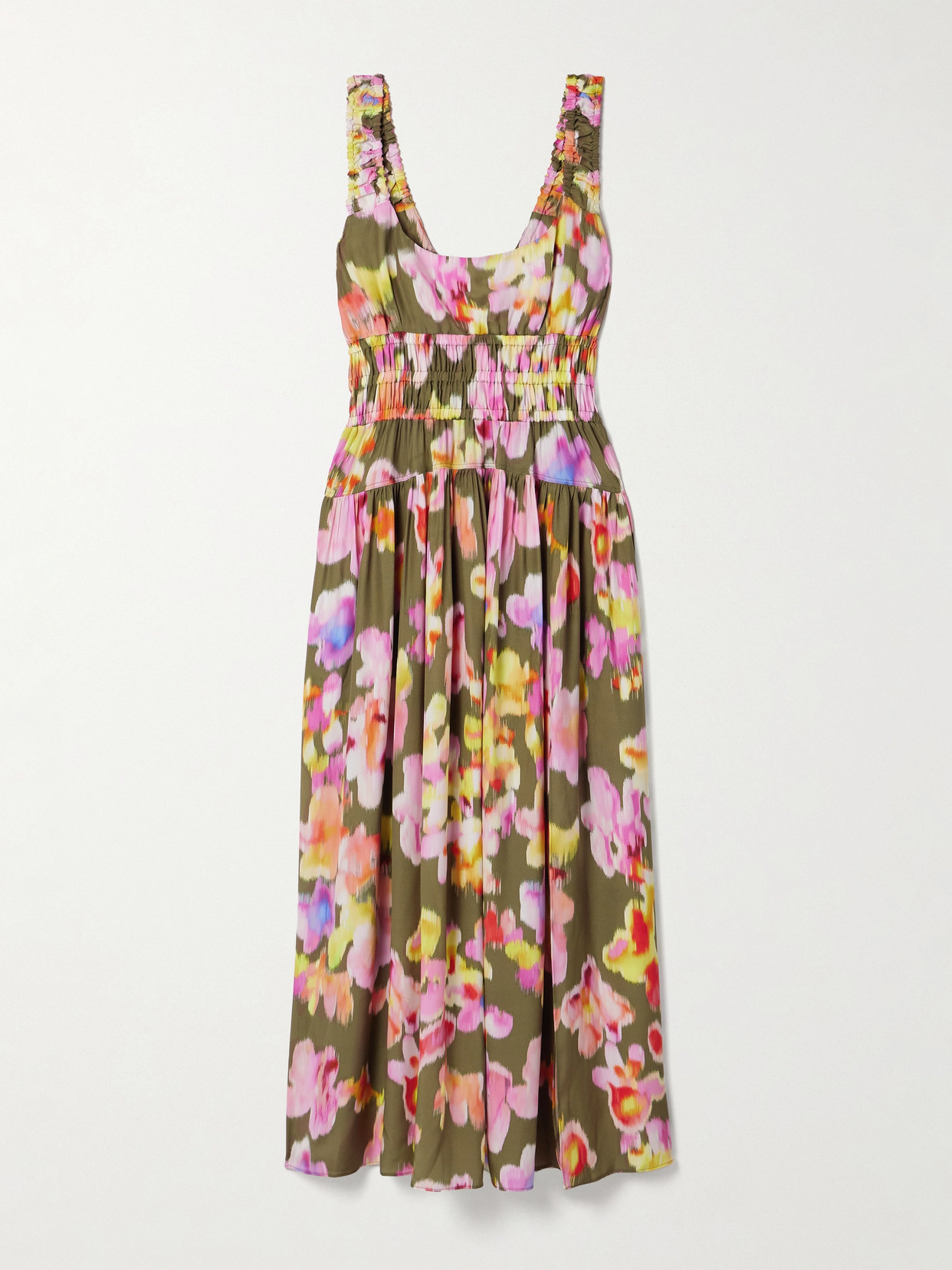 La Ligne Floral Smocked Maxi Dress In Khaki Greenpink