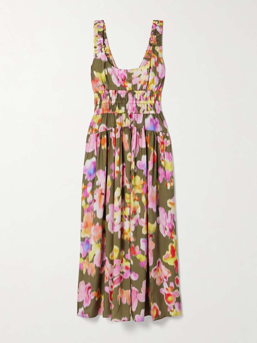 La Ligne Candace Shirred Printed Silk-habotai Maxi Dress - x large