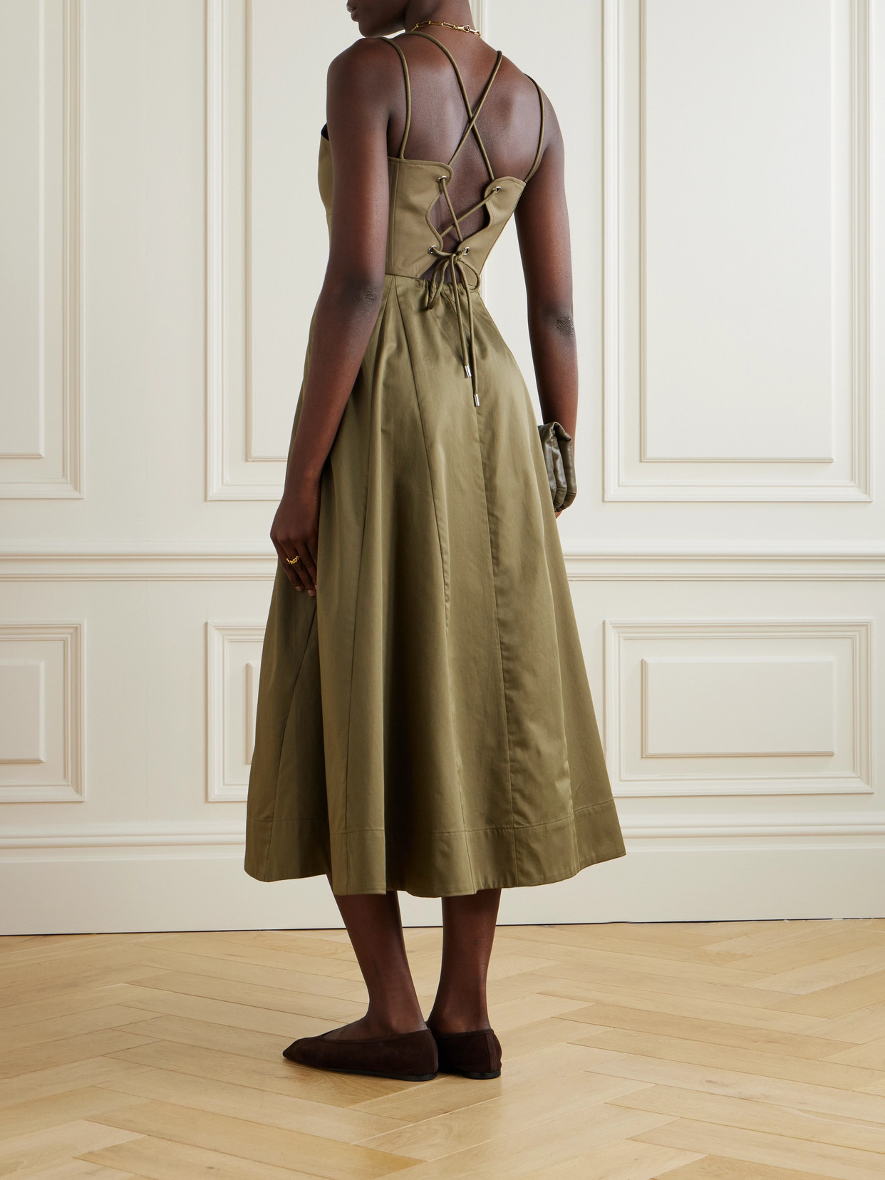 La Ligne Pleated Organic Cotton-blend Poplin And Cotton Midi Dress In Green