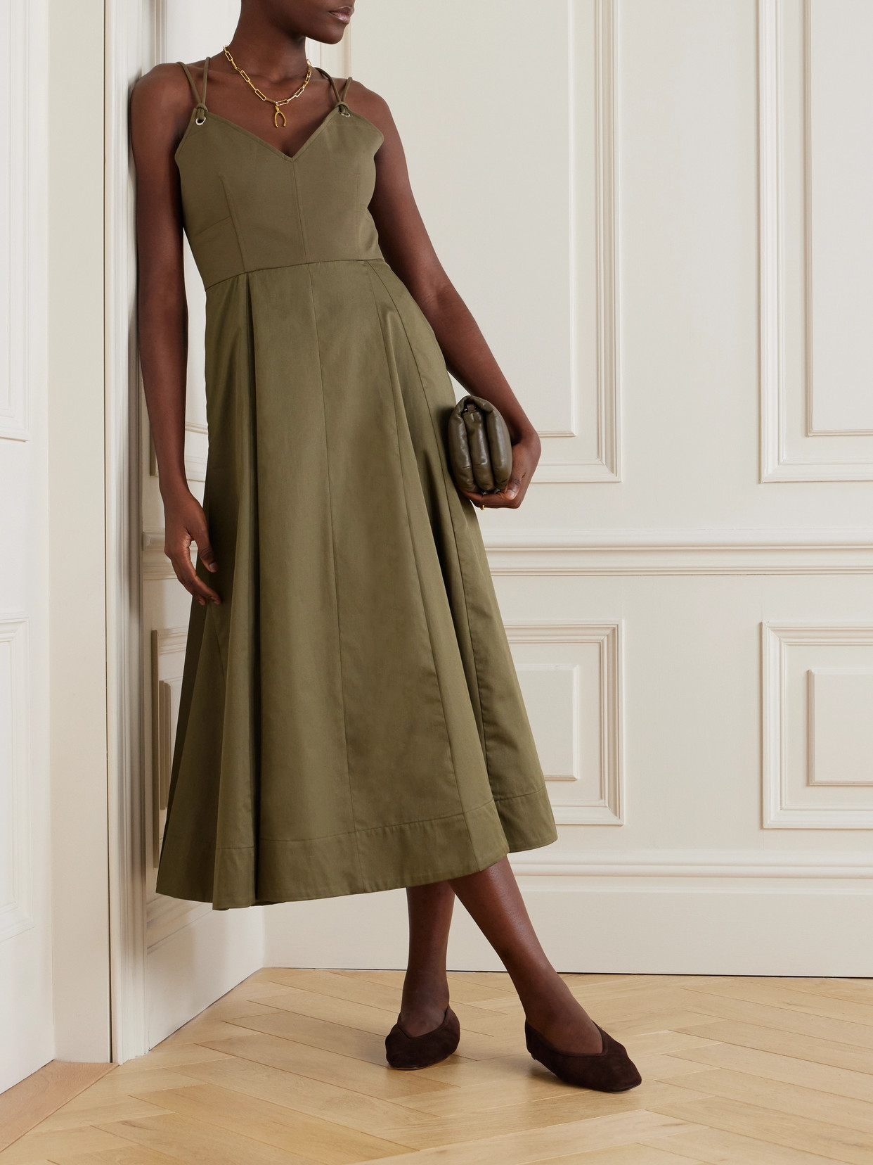 Shop La Ligne Pleated Organic Cotton-blend Poplin And Cotton Midi Dress In Green