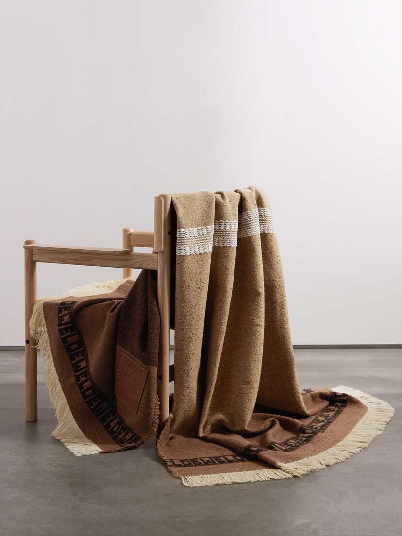 Loewe Appliquéd Fringed Embroidered Striped Wool-blend Canvas Blanket