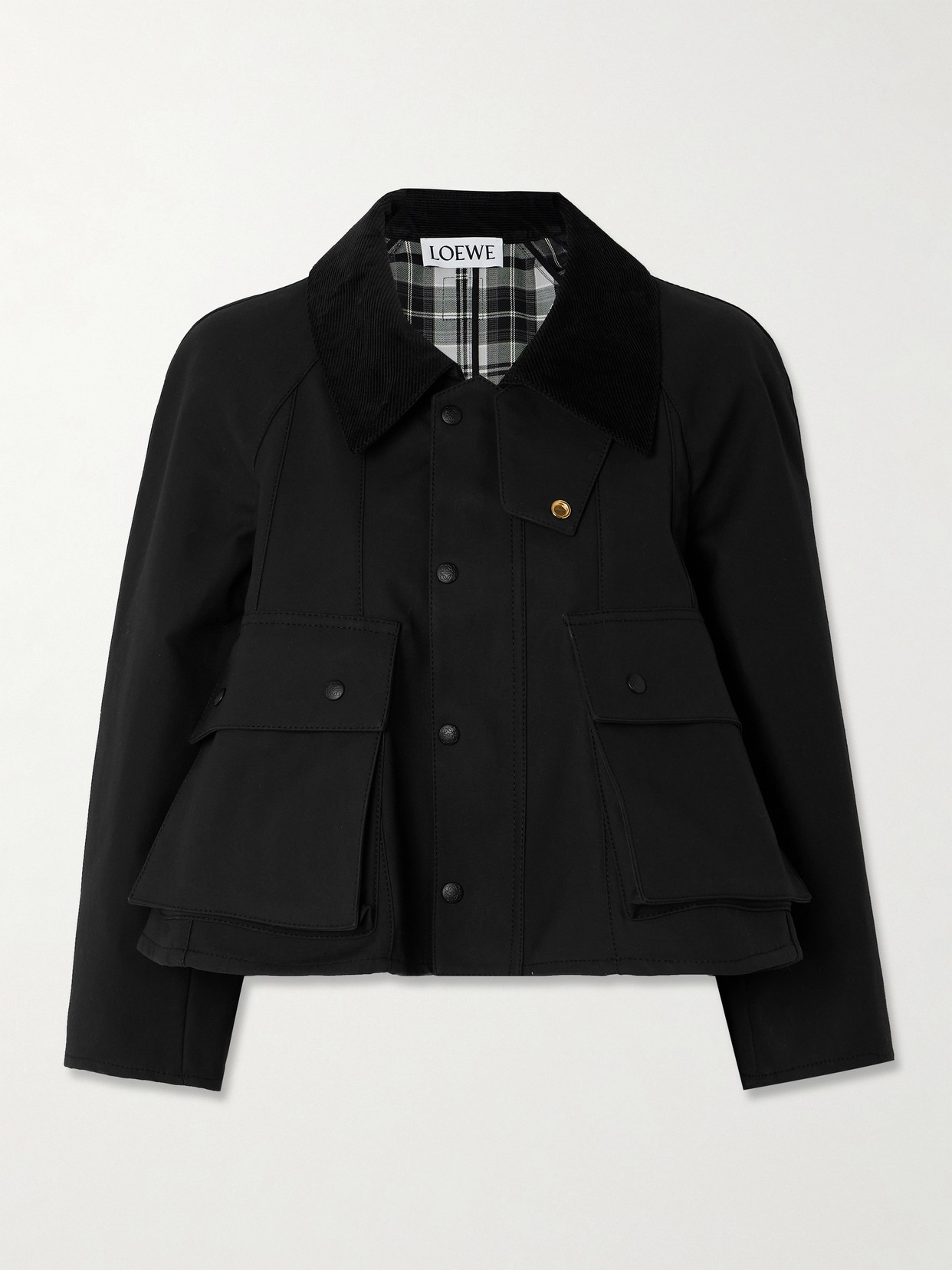 Shop Loewe Cropped Corduroy-trimmed Waxed Cotton-canvas Jacket In Black