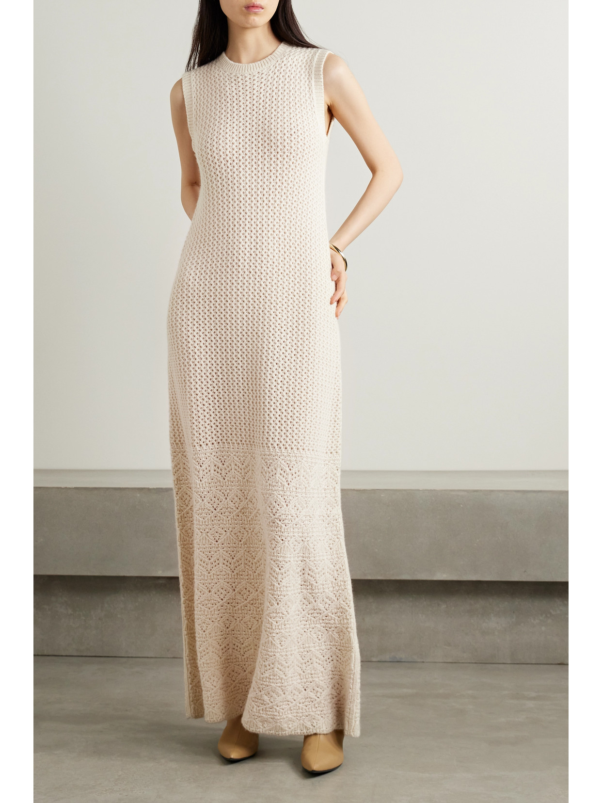 Shop Loro Piana Engadin Pointelle-knit Cashmere Maxi Dress In Cream