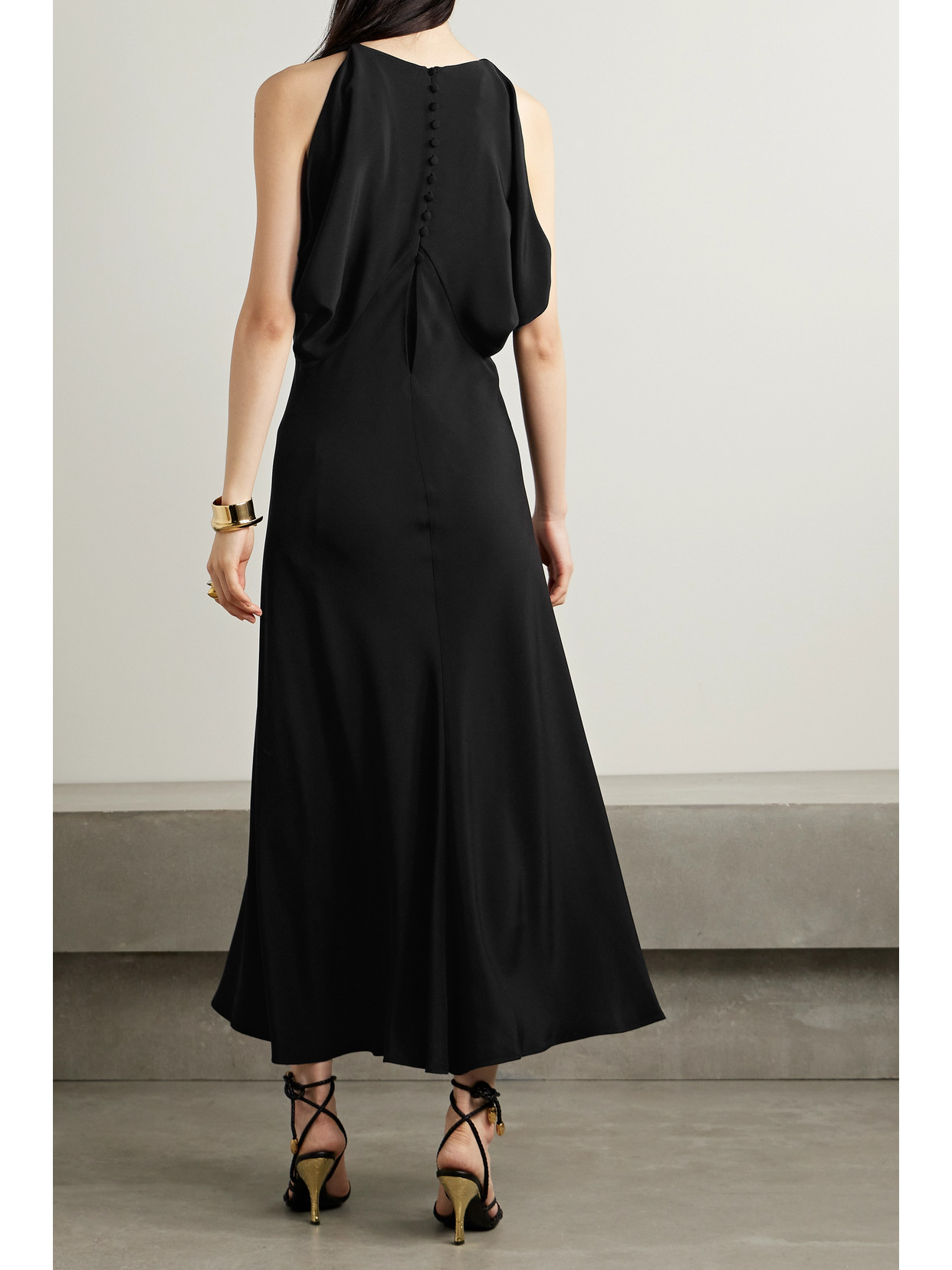 Shop Loro Piana Milena Draped Silk Midi Dress In Black