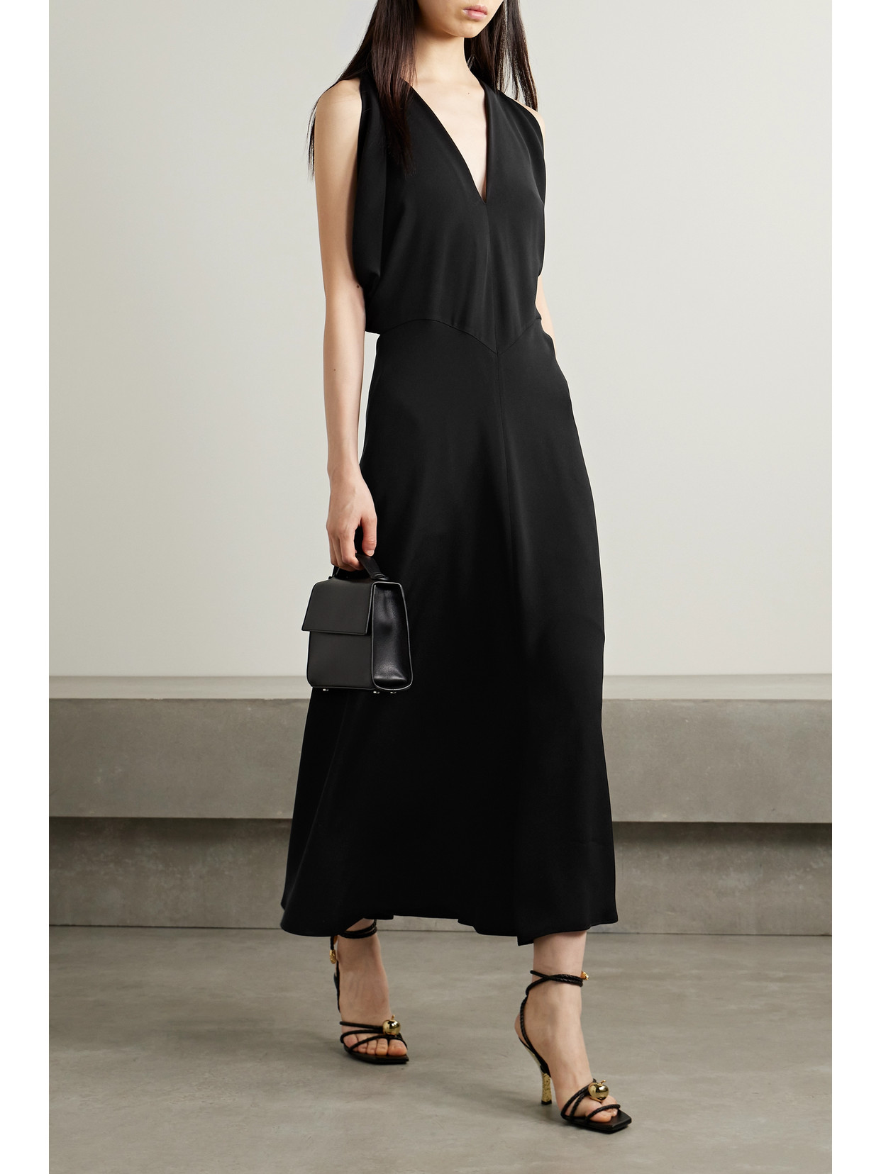 Shop Loro Piana Milena Draped Silk Midi Dress In Black