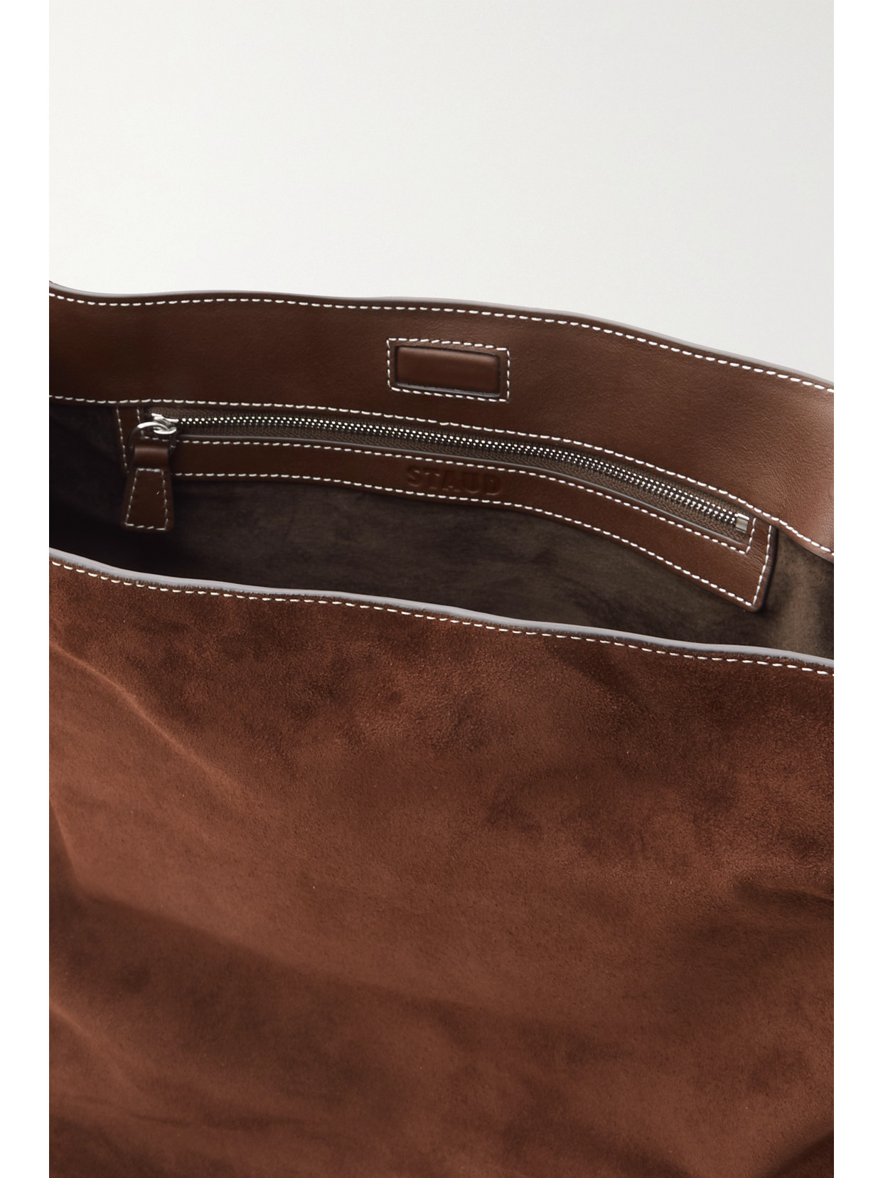 Staud Perry Leather-trimmed Suede Shoulder Bag In Brown
