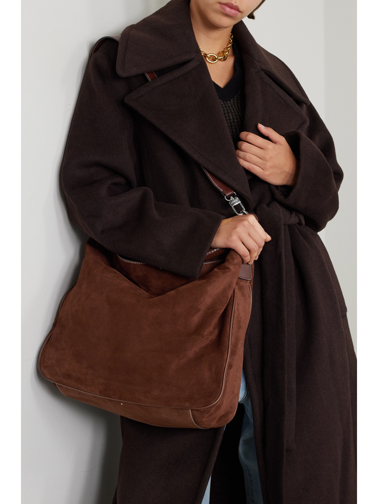 Staud Perry Leather-trimmed Suede Shoulder Bag In Brown