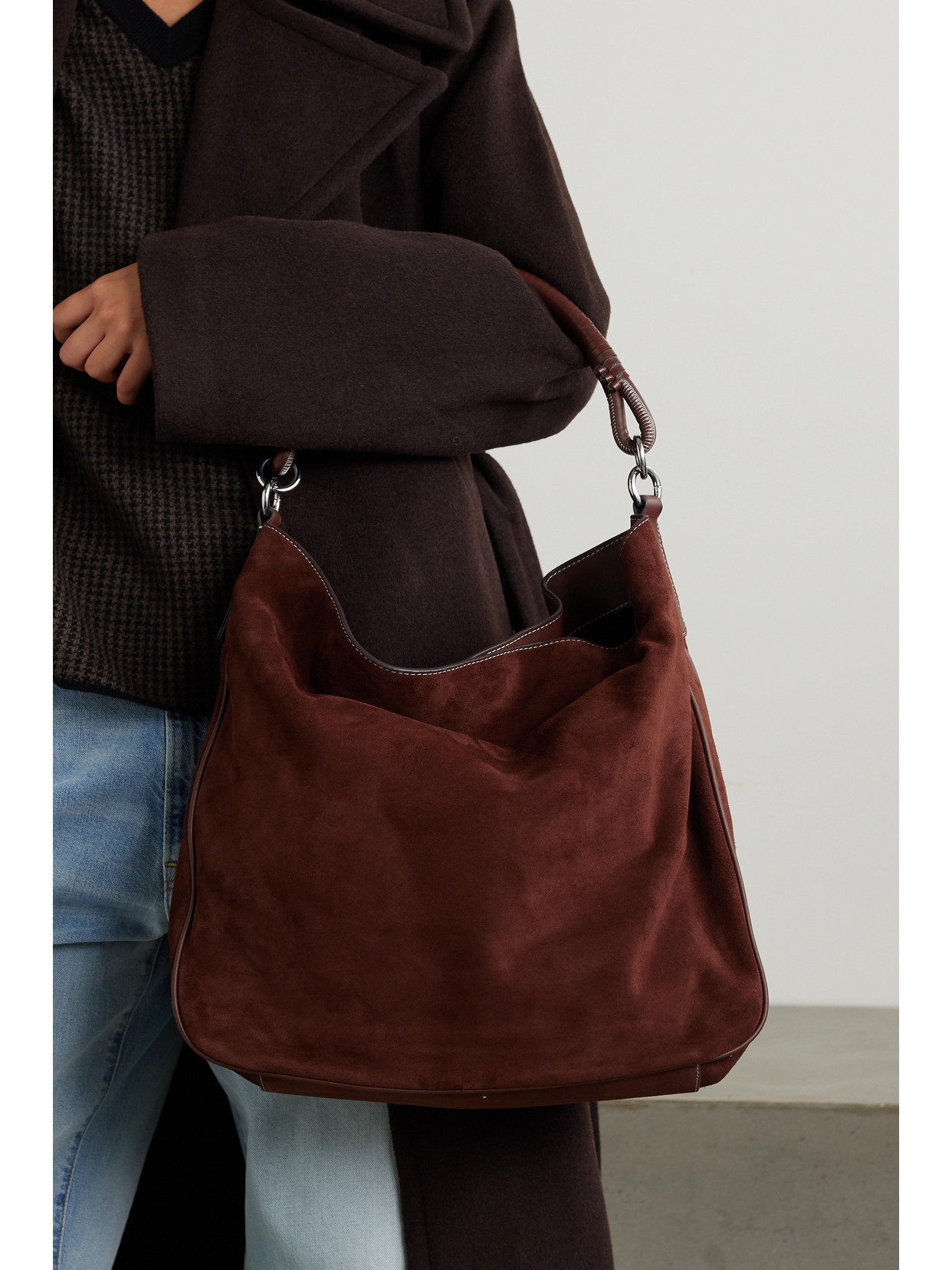 Staud Perry Leather-trimmed Suede Shoulder Bag In Brown
