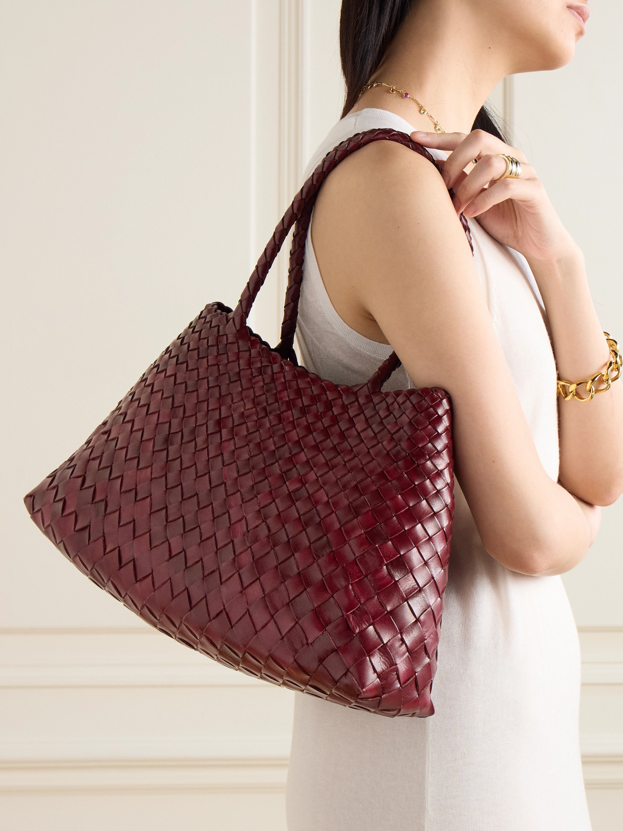 Dragon Diffusion Large Leather Woven Santa Croce Tote Bag In Red