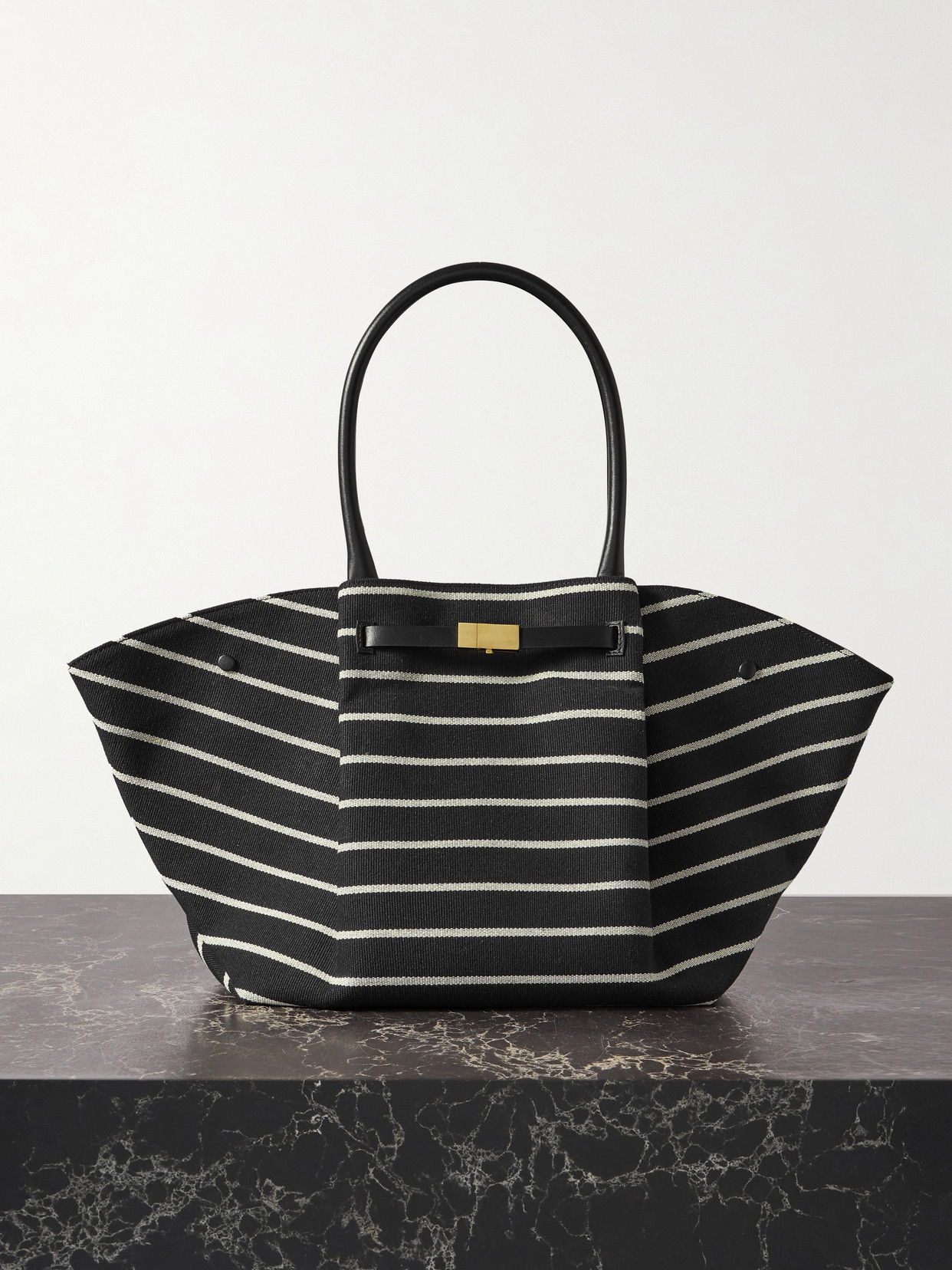 Shop Demellier + Net Sustain New York Leather-trimmed Striped Canvas Tote In Black