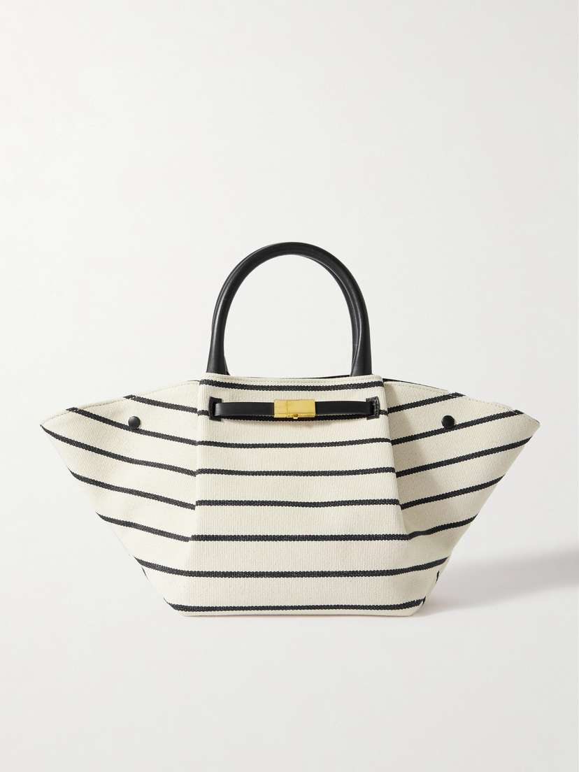 DeMellier + Net Sustain New York Midi Leather-trimmed Striped Canvas Tote