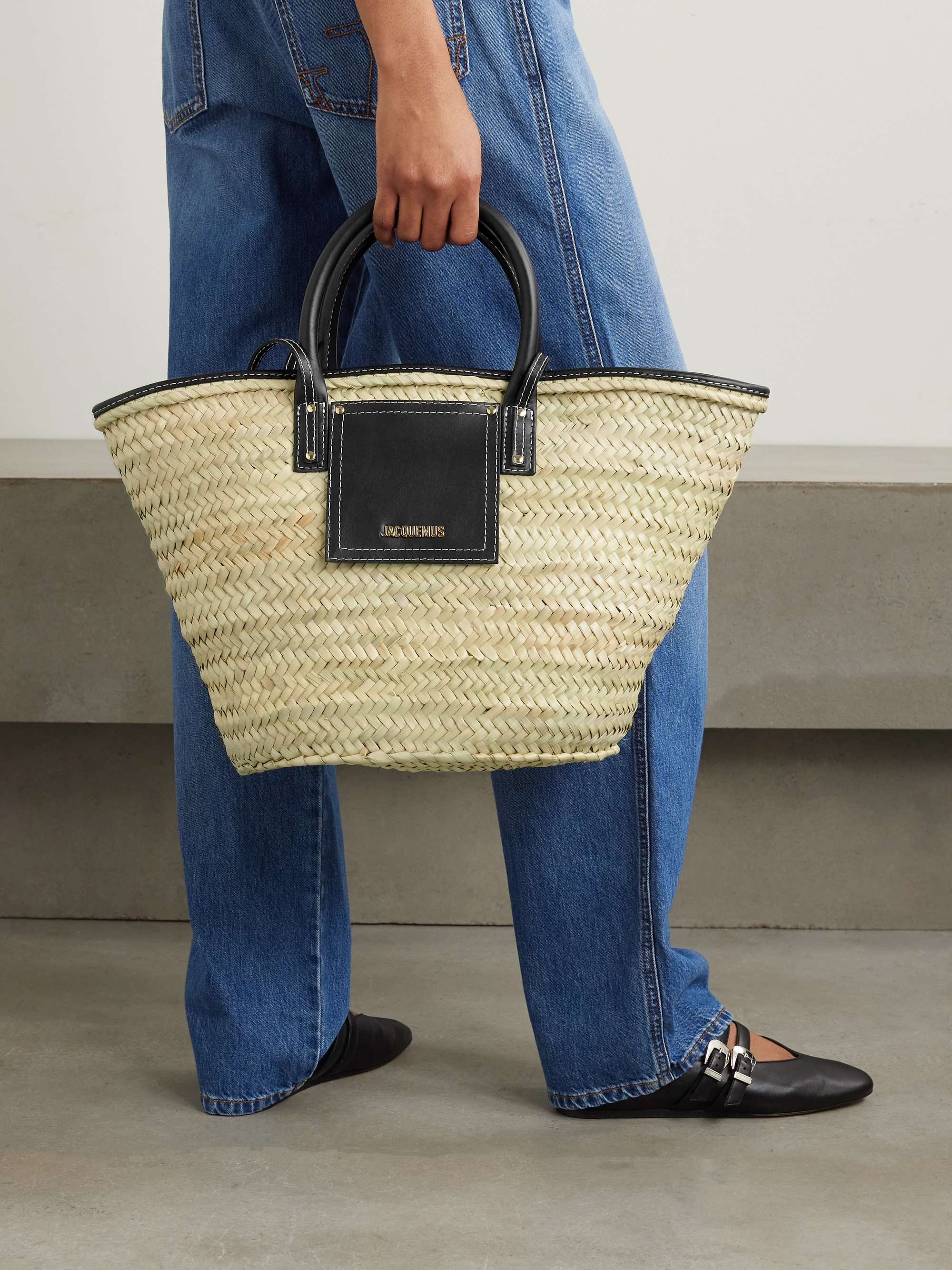 JACQUEMUS Le Panier Soli leather-trimmed raffia tote | NET-A-PORTER