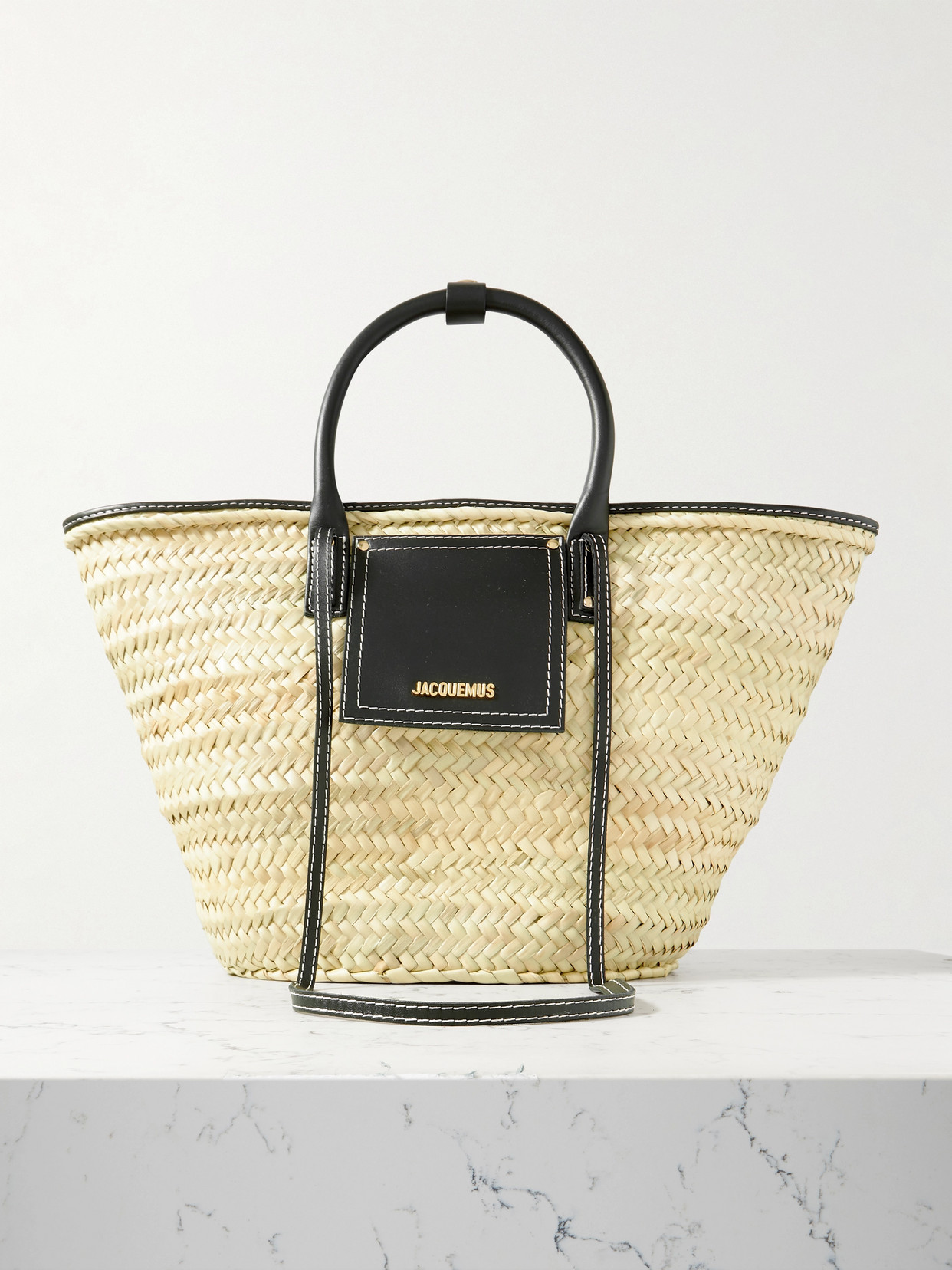 Shop Jacquemus Le Panier Soli Leather-trimmed Raffia Tote In Ivory