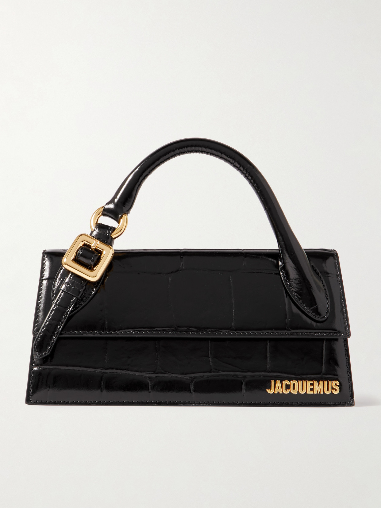 Jacquemus Le Chiquito Long Embellished Croc-effect Patent-leather Tote In Black