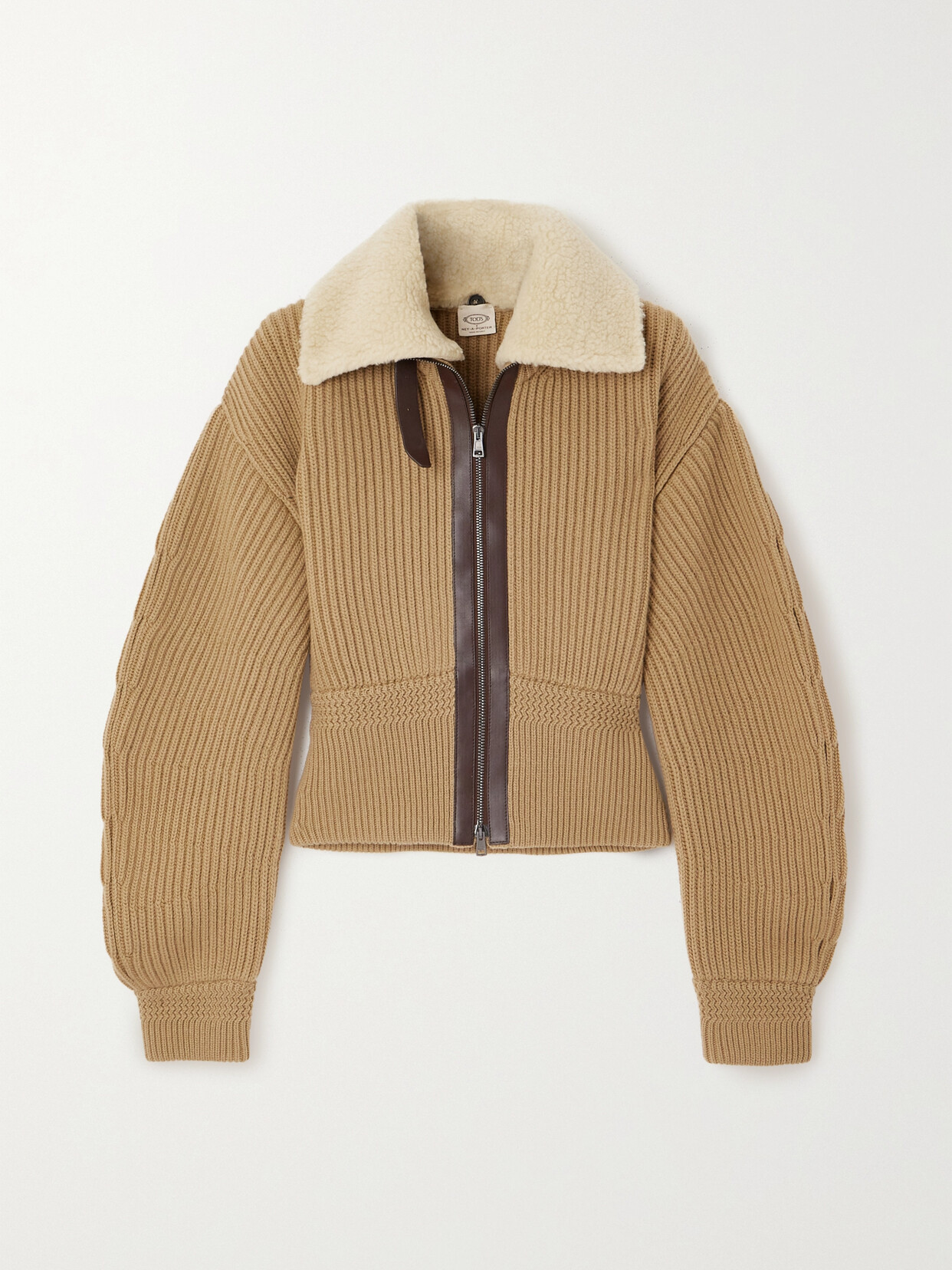 Tod's Faux Shearling And Leather-trimmed Ribbed Wool Cardigan In Brown