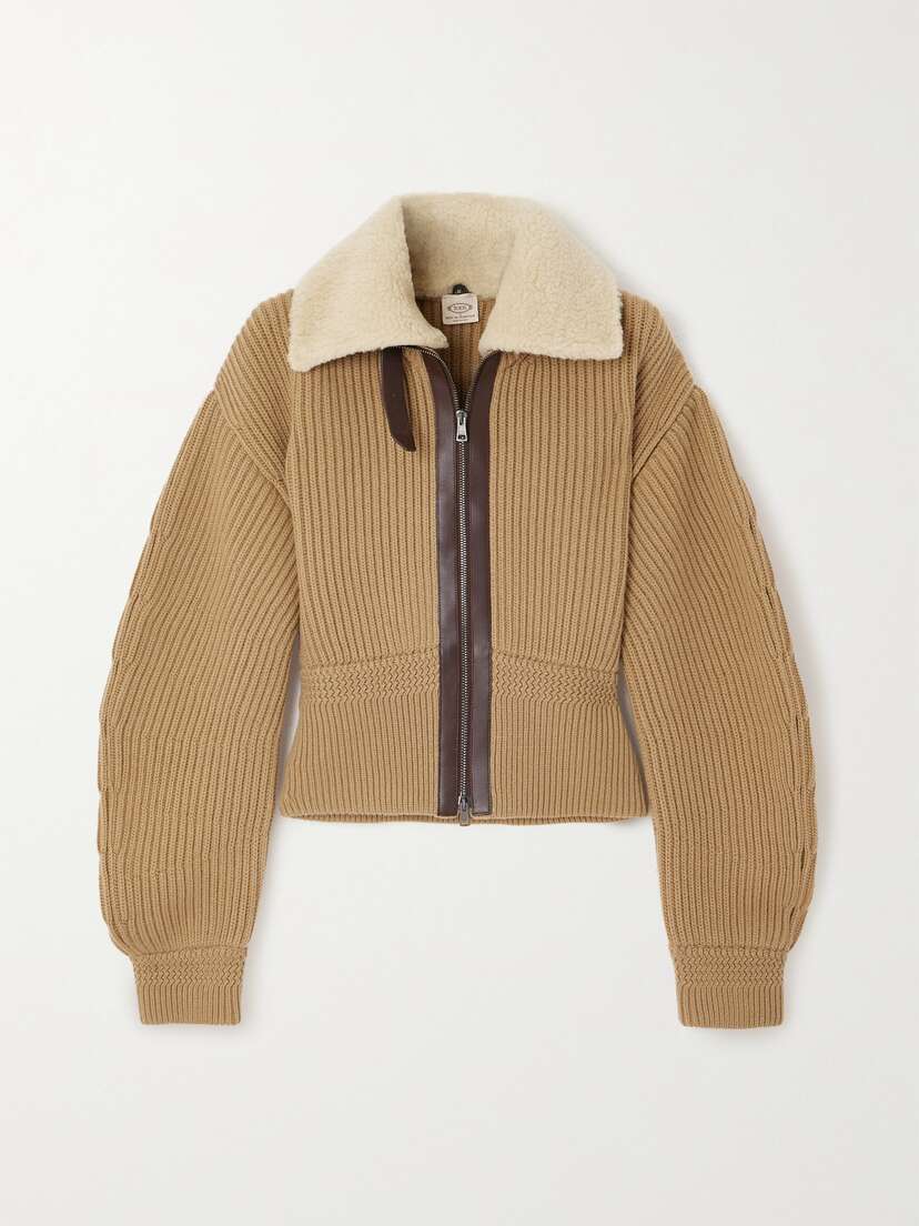 Tod's Faux Shearling And Leather-trimmed Ribbed Wool Cardigan