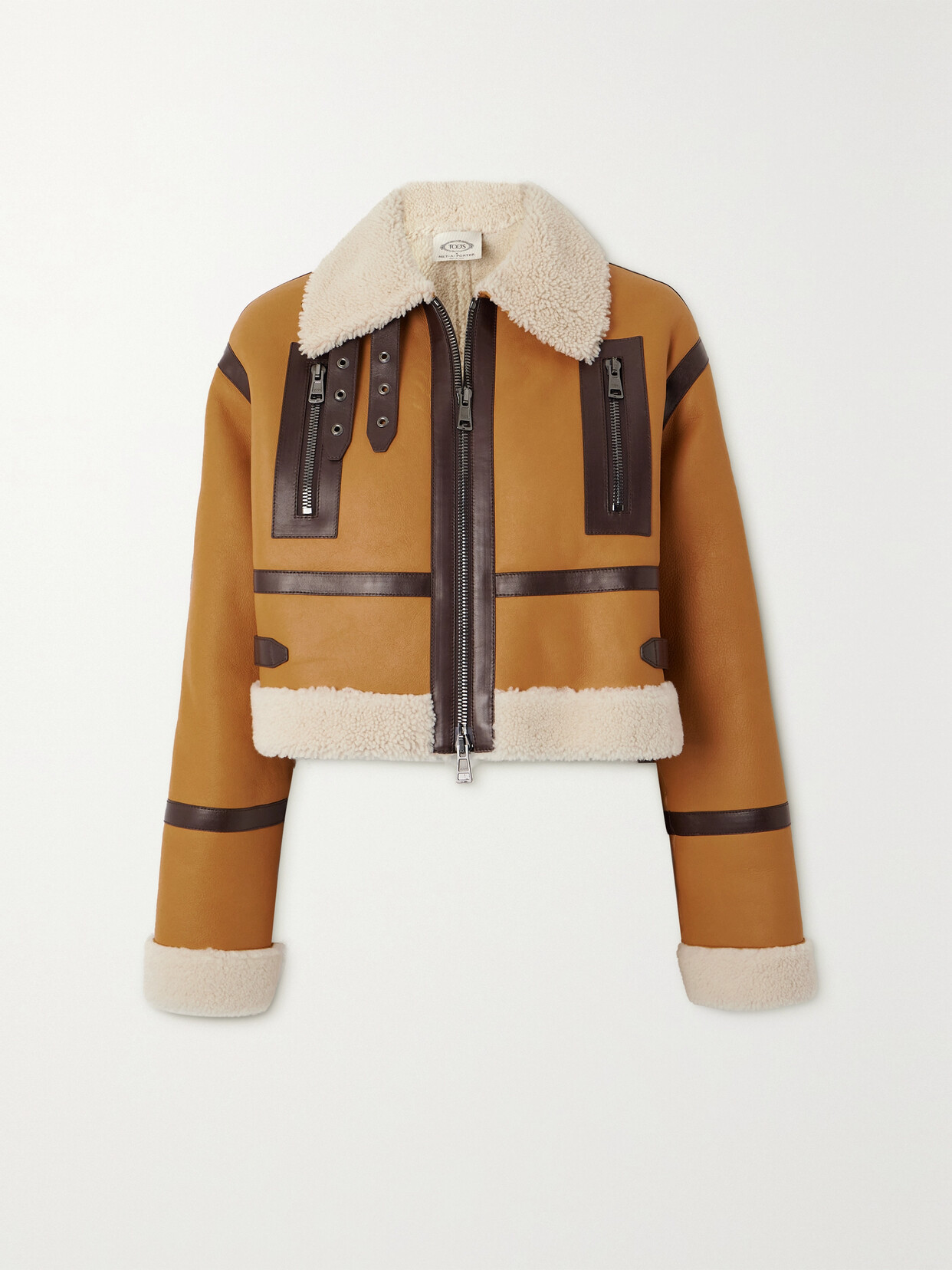 Tod's Cropped Leather-trimmed Shearling Jacket In Brown