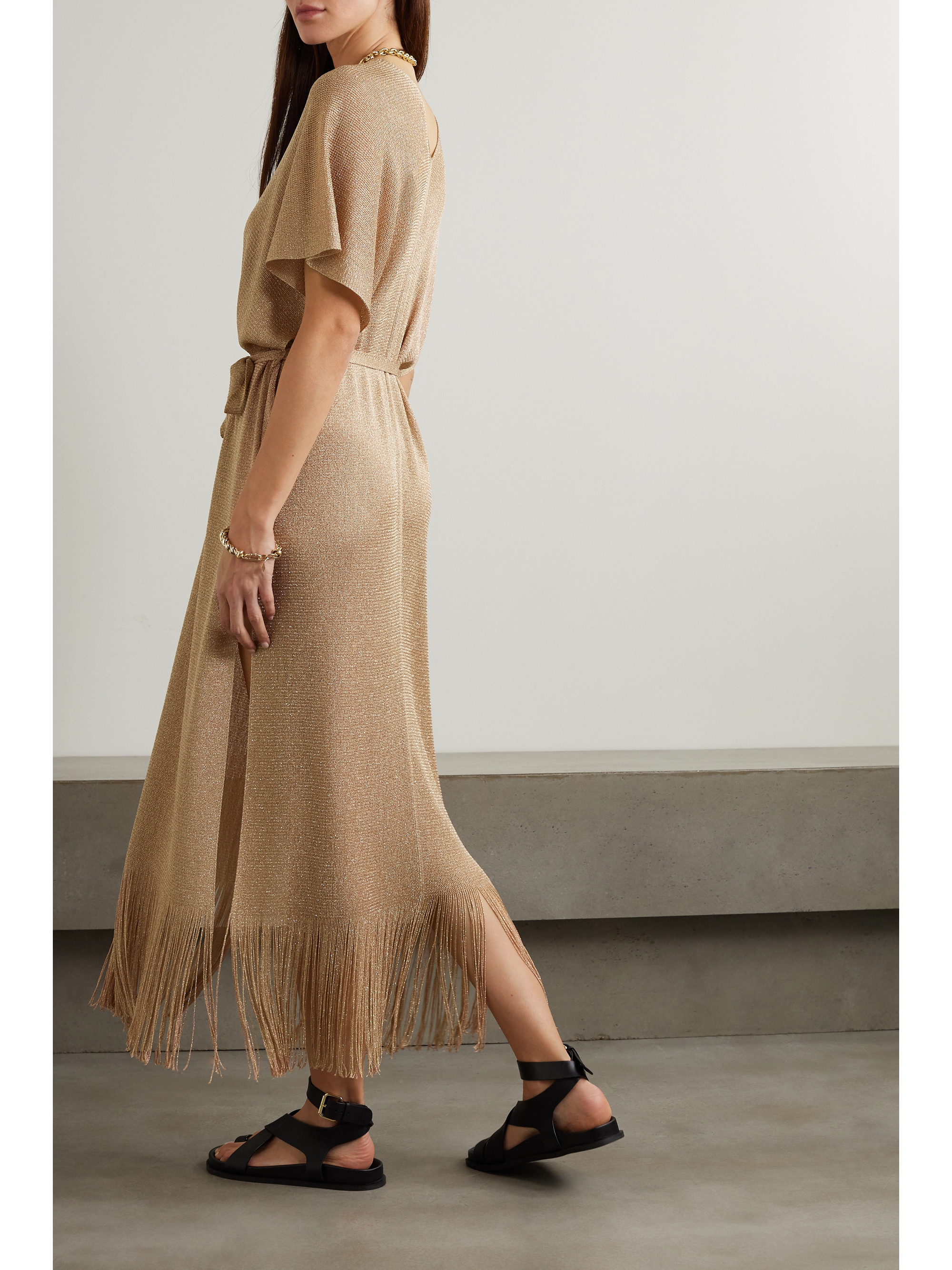 Max Mara Beachwear Macao belted fringed metallic open-knit kaftan thumbnail