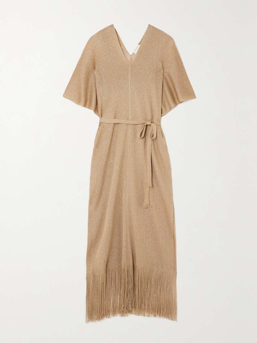 Max Mara Beachwear Macao Belted Fringed Metallic Open-knit Kaftan