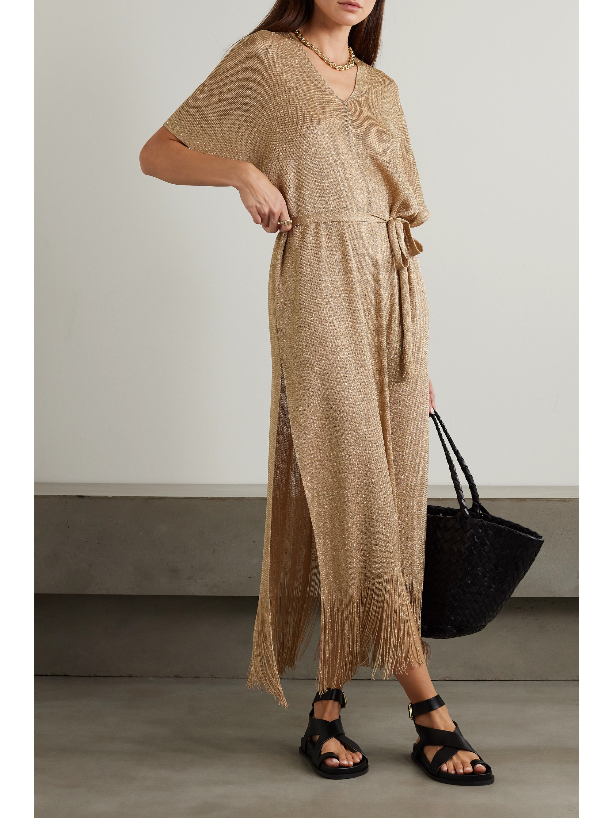 Max Mara Beachwear Macao belted fringed metallic open-knit kaftan
