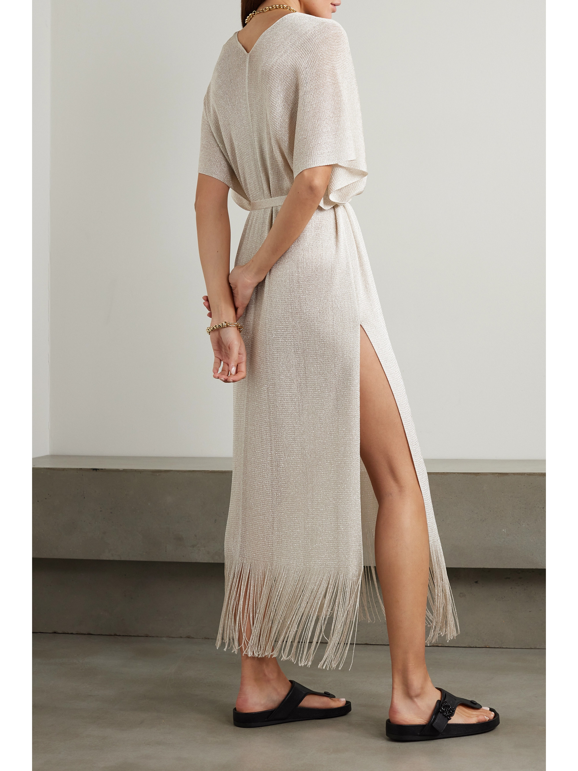 Max Mara Beachwear Macao belted fringed metallic open-knit kaftan thumbnail