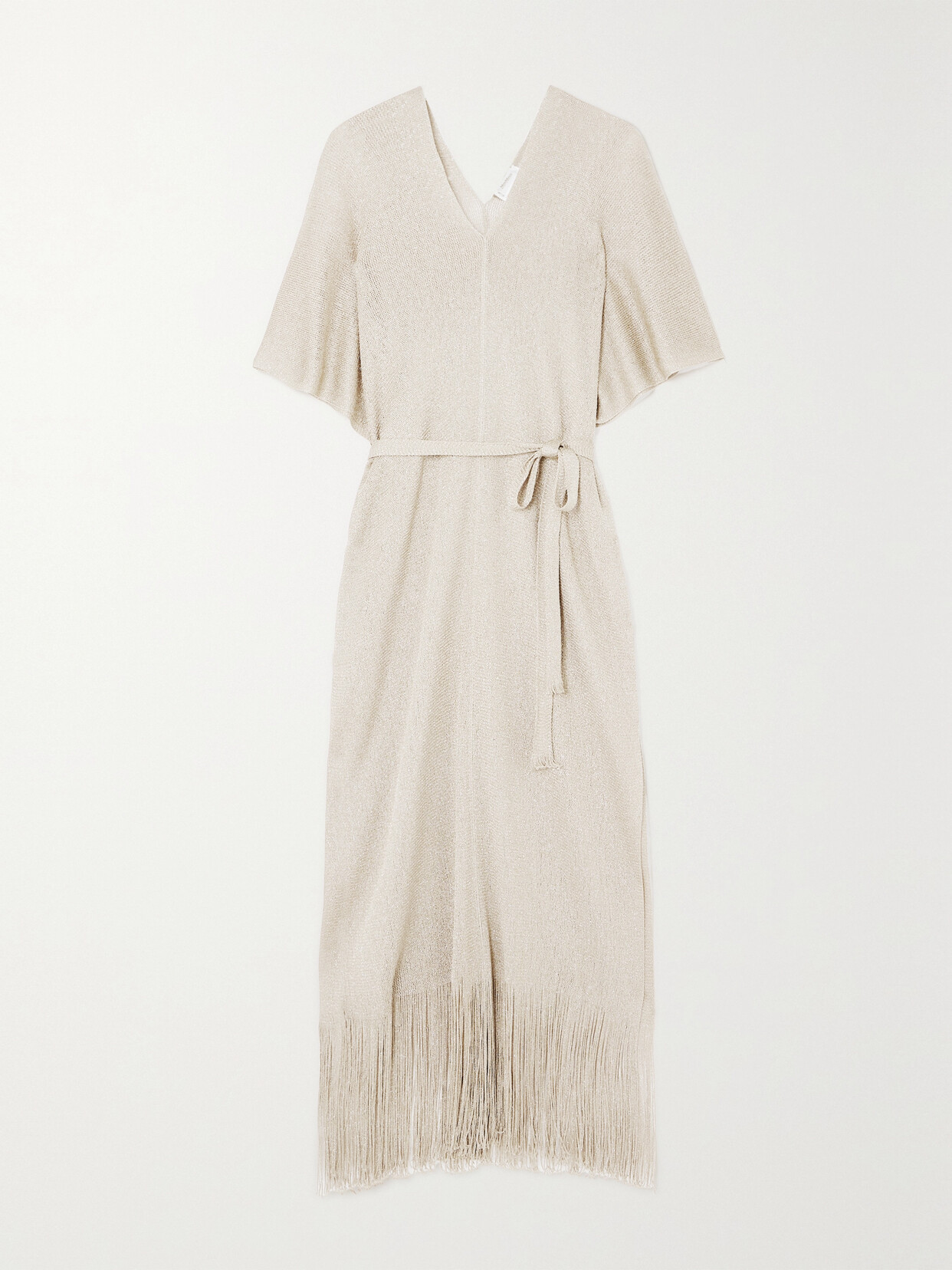 Max Mara Macao Belted Fringed Metallic Open-knit Kaftan In Gold