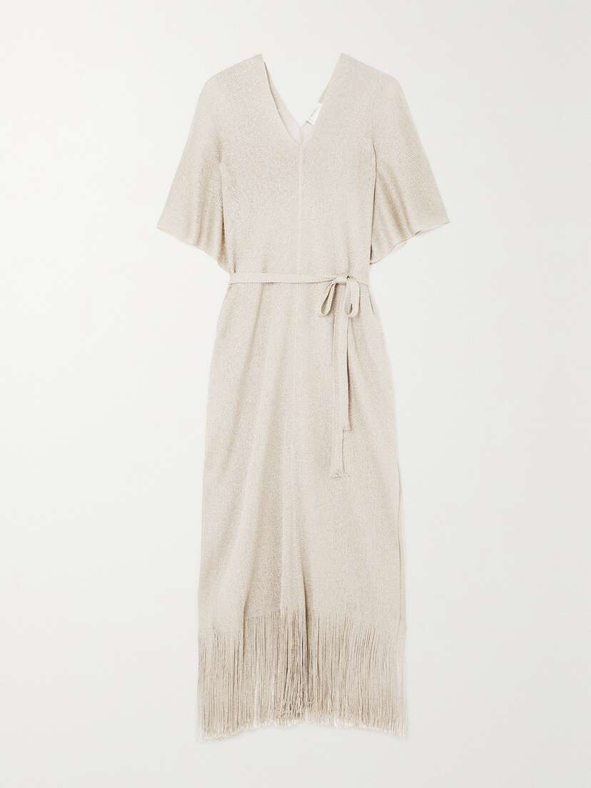 Max Mara Beachwear Macao Belted Fringed Metallic Open-knit Kaftan