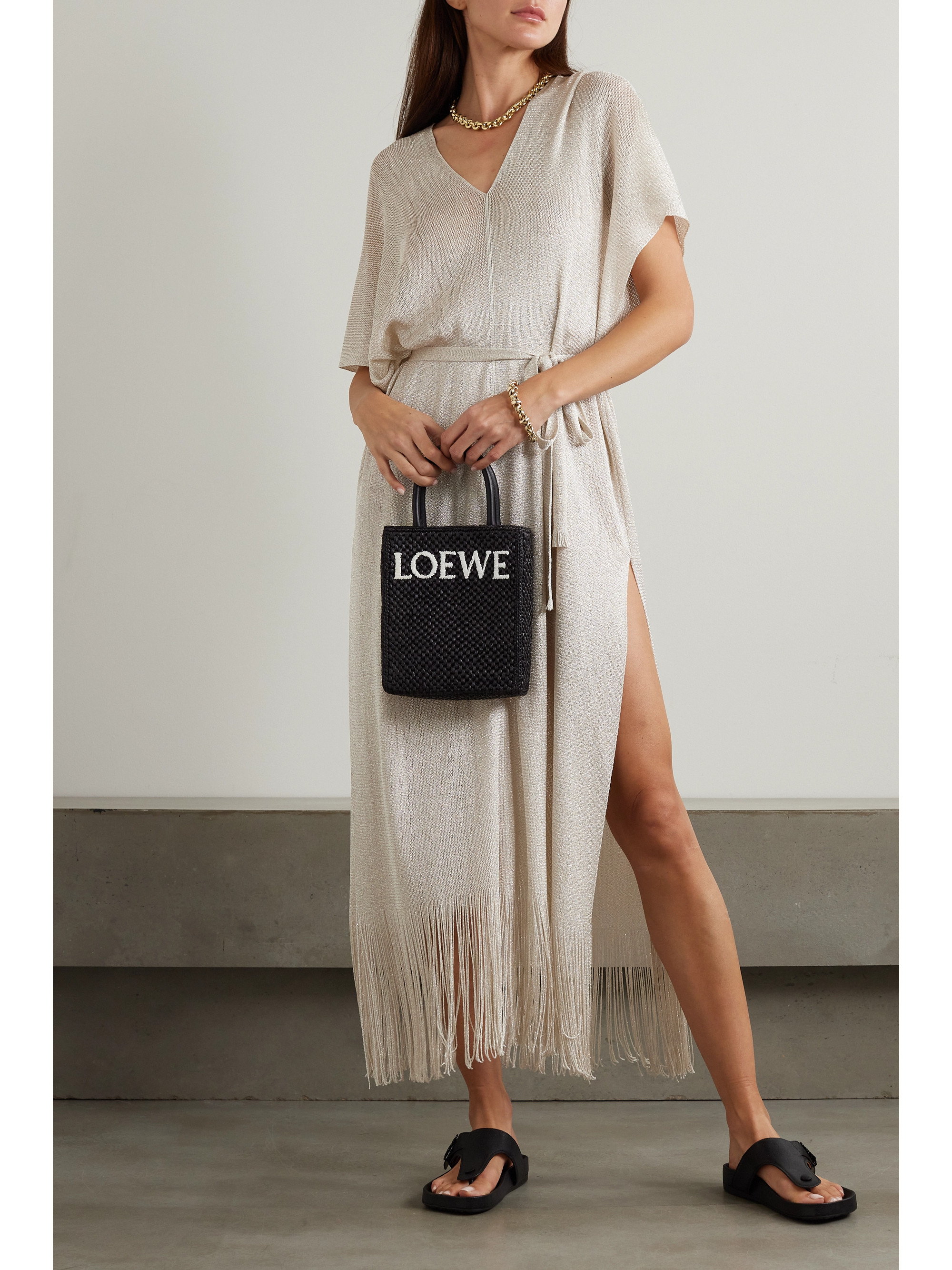 Max Mara Beachwear Macao belted fringed metallic open-knit kaftan