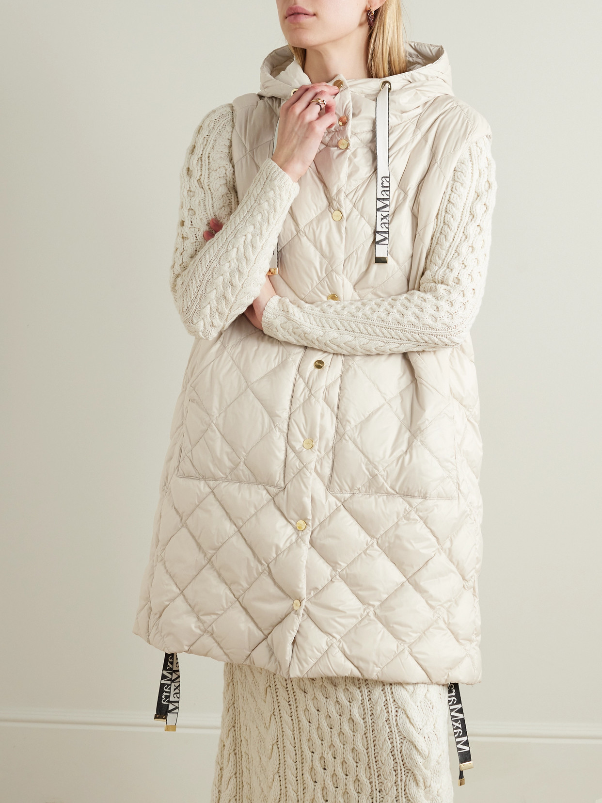 Shop Max Mara The Cube Hooded Grosgrain-trimmed Quilted Shell Down Vest In Neutrals