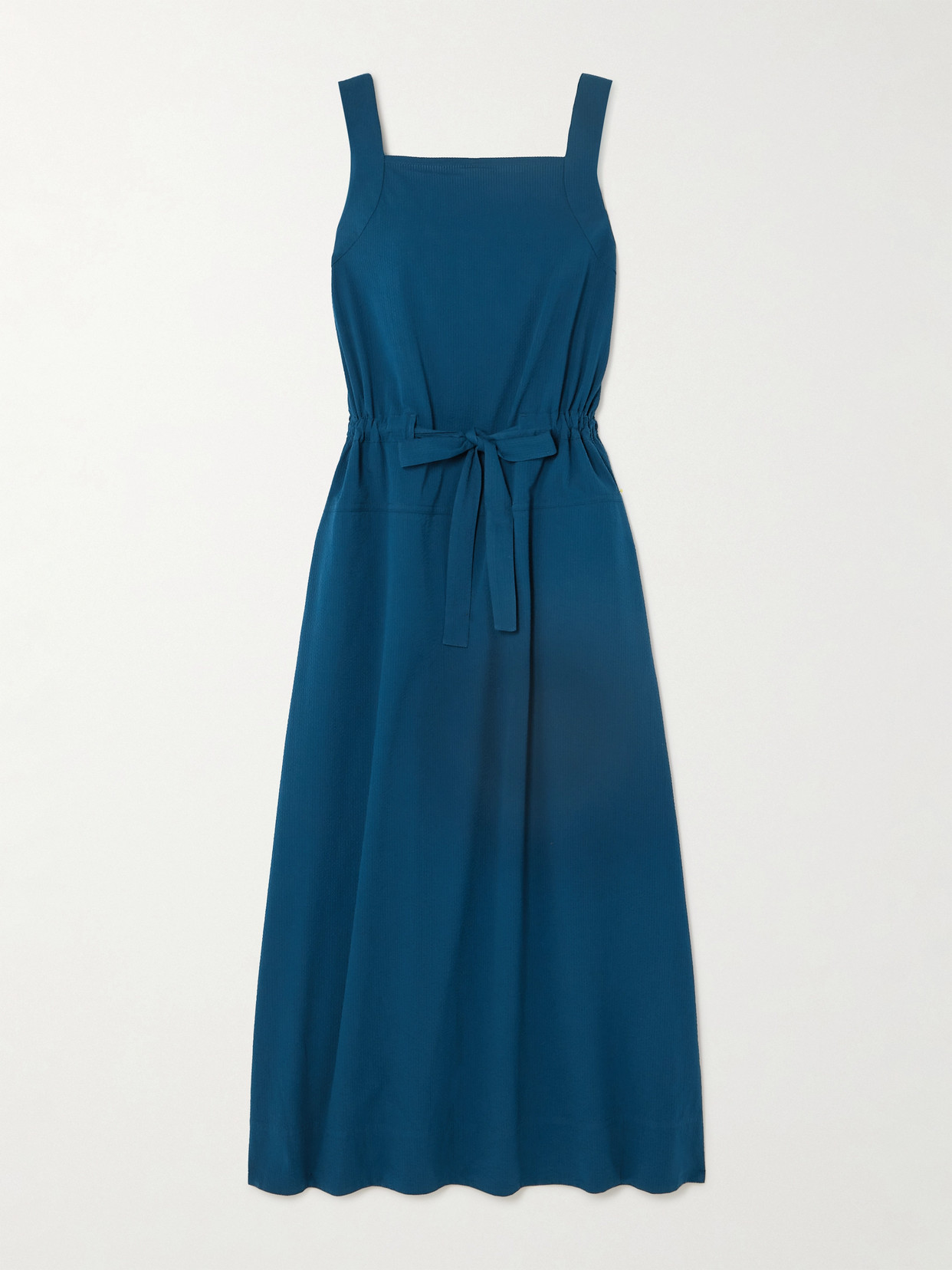 Max Mara Leisure Panfilo Belted Cotton-seersucker Midi Dress In Blue