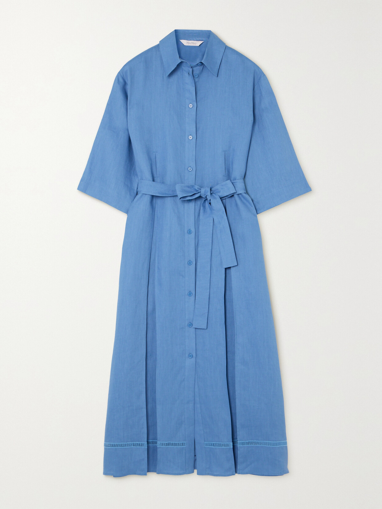 Max Mara Leisure Nocino Belted Linen Midi Shirt Dress In Blue