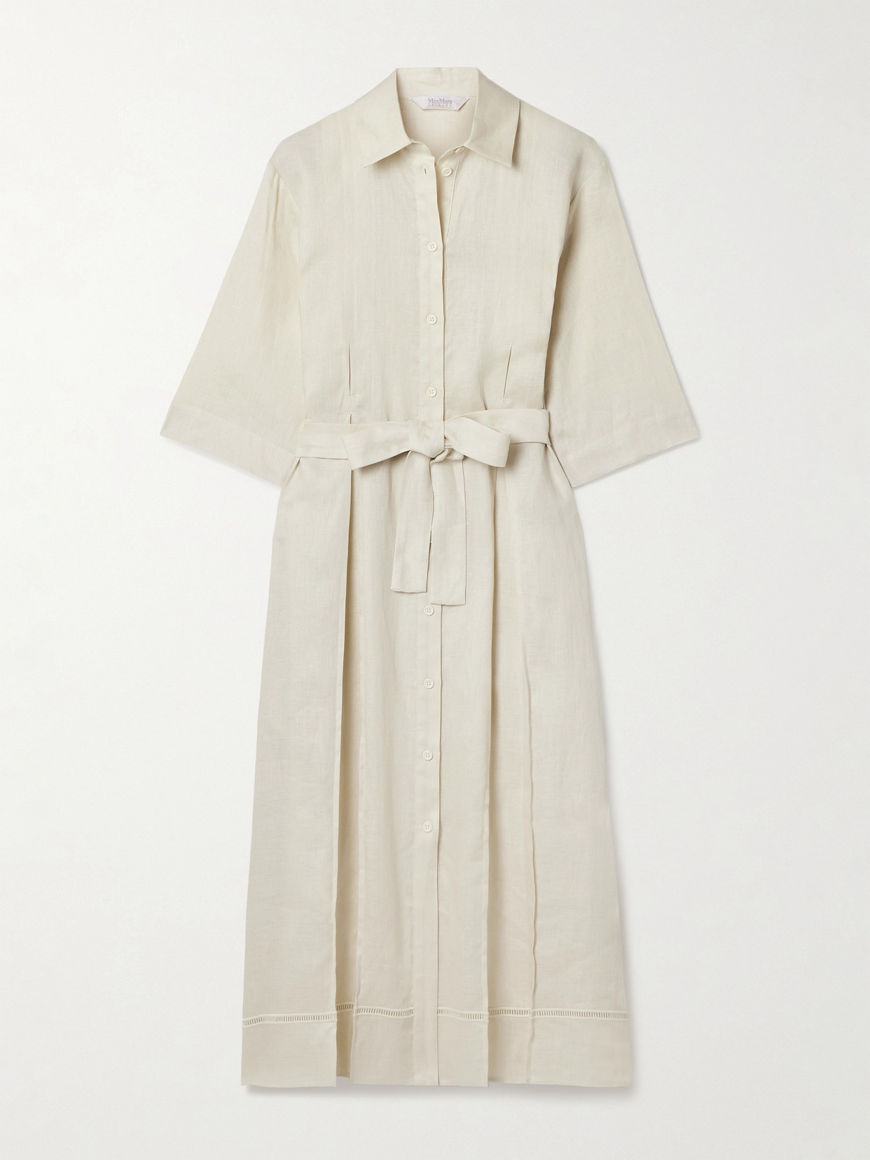 Shop Max Mara Leisure Nocino Belted Linen Midi Shirt Dress In Ecru